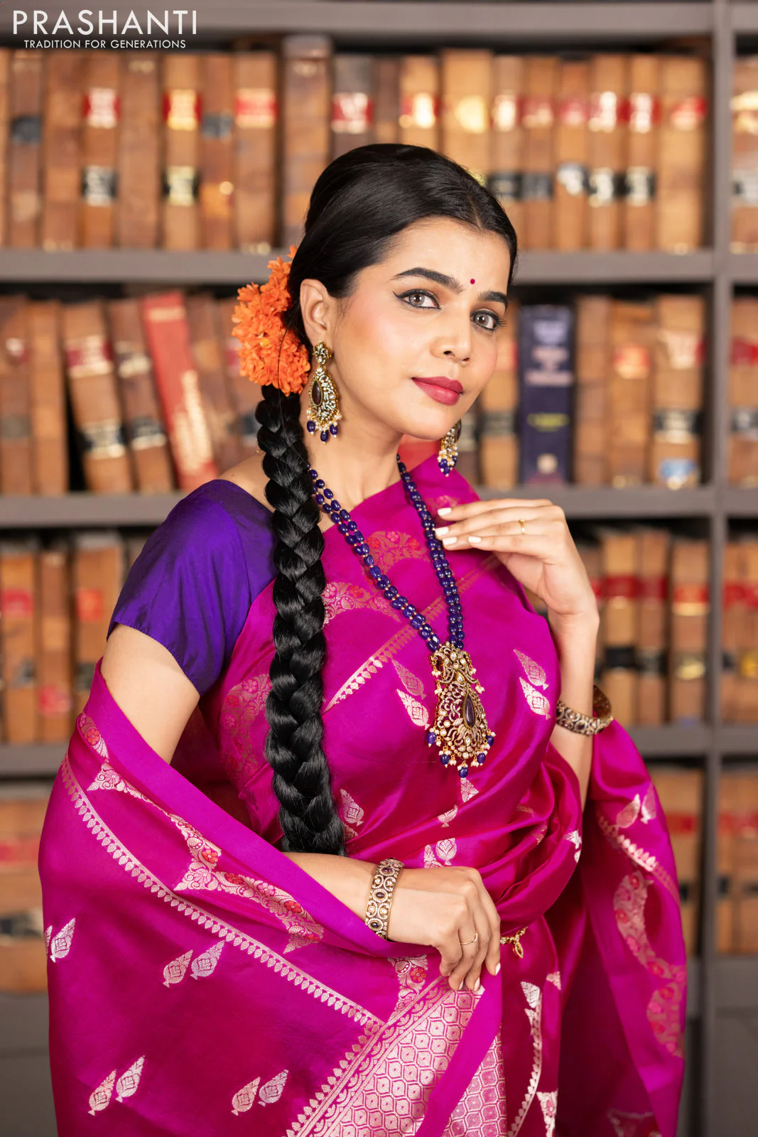Banarasi poona silk saree pink and violet with zari woven buttas and zari woven border - Image 5