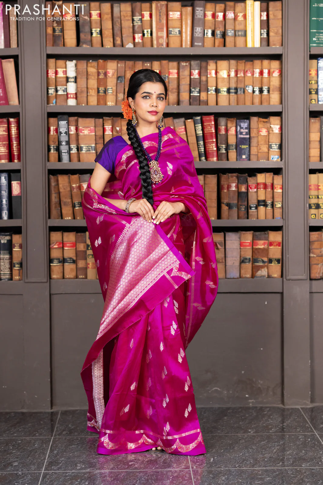 Banarasi poona silk saree pink and violet with zari woven buttas and zari woven border - Image 6