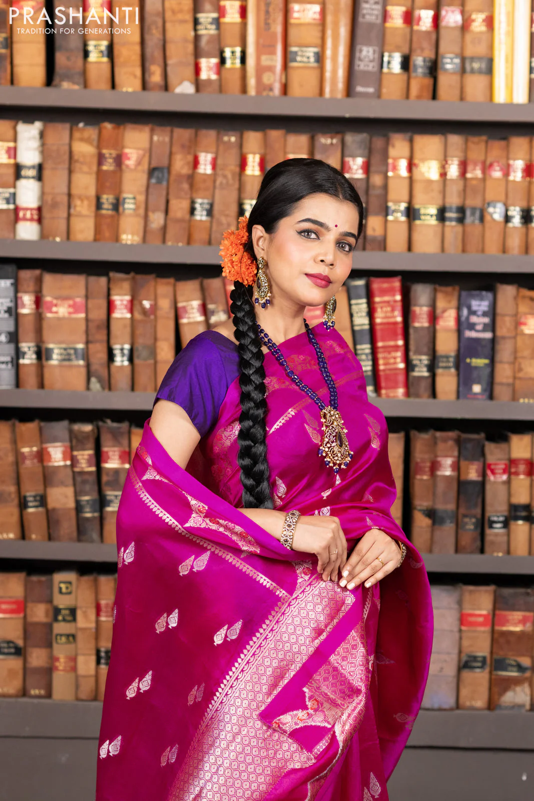 Banarasi poona silk saree pink and violet with zari woven buttas and zari woven border - Image 7