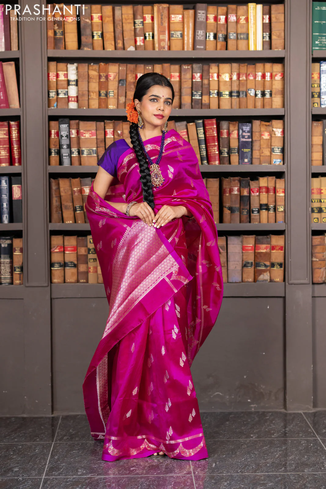 Banarasi poona silk saree pink and violet with zari woven buttas and zari woven border - Image 8