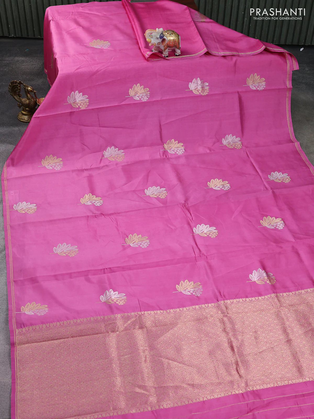 Banarasi poona silk saree pink with silver & gold zari woven buttas and simple zari border - Image 2