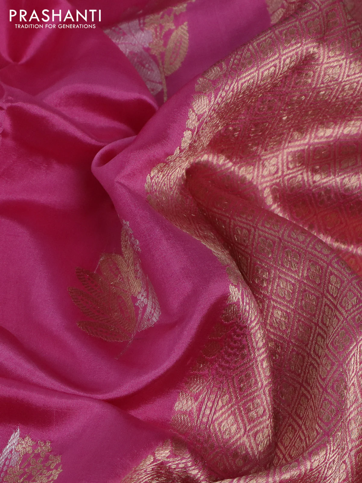 Banarasi poona silk saree pink with silver & gold zari woven buttas and simple zari border - Image 3