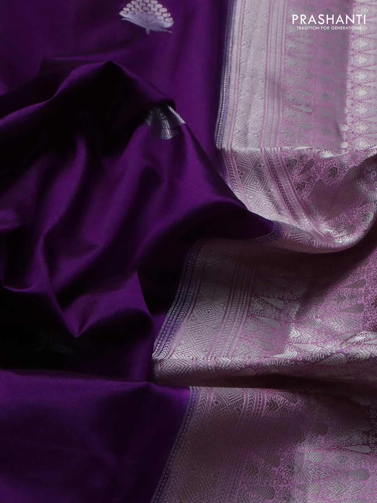 Banarasi poona silk saree purple and lavender with silver zari woven buttas and rich zari woven border - Image 3
