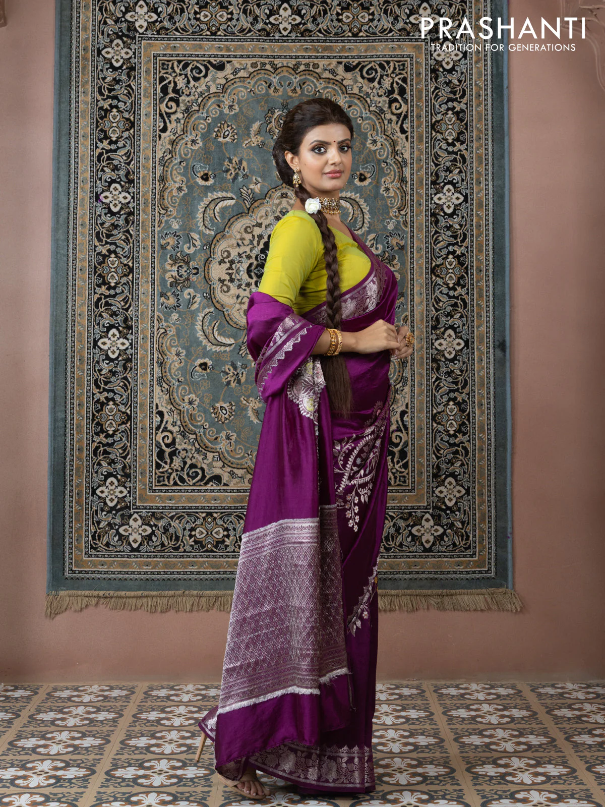 Banarasi poona silk saree purple and lime yellow with thread & zari weaves and floral design zari woven border - Image 3