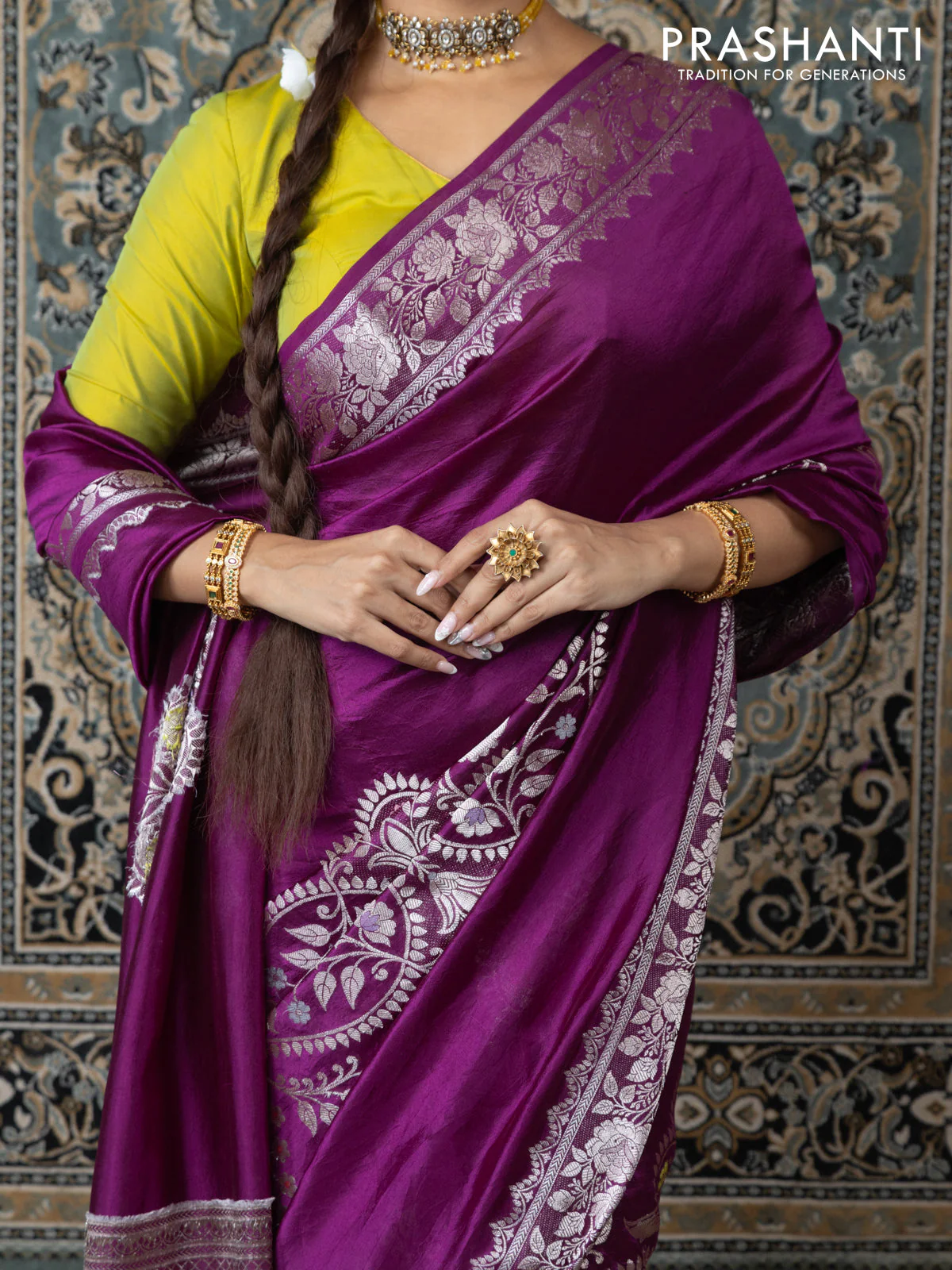 Banarasi poona silk saree purple and lime yellow with thread & zari weaves and floral design zari woven border - Image 4