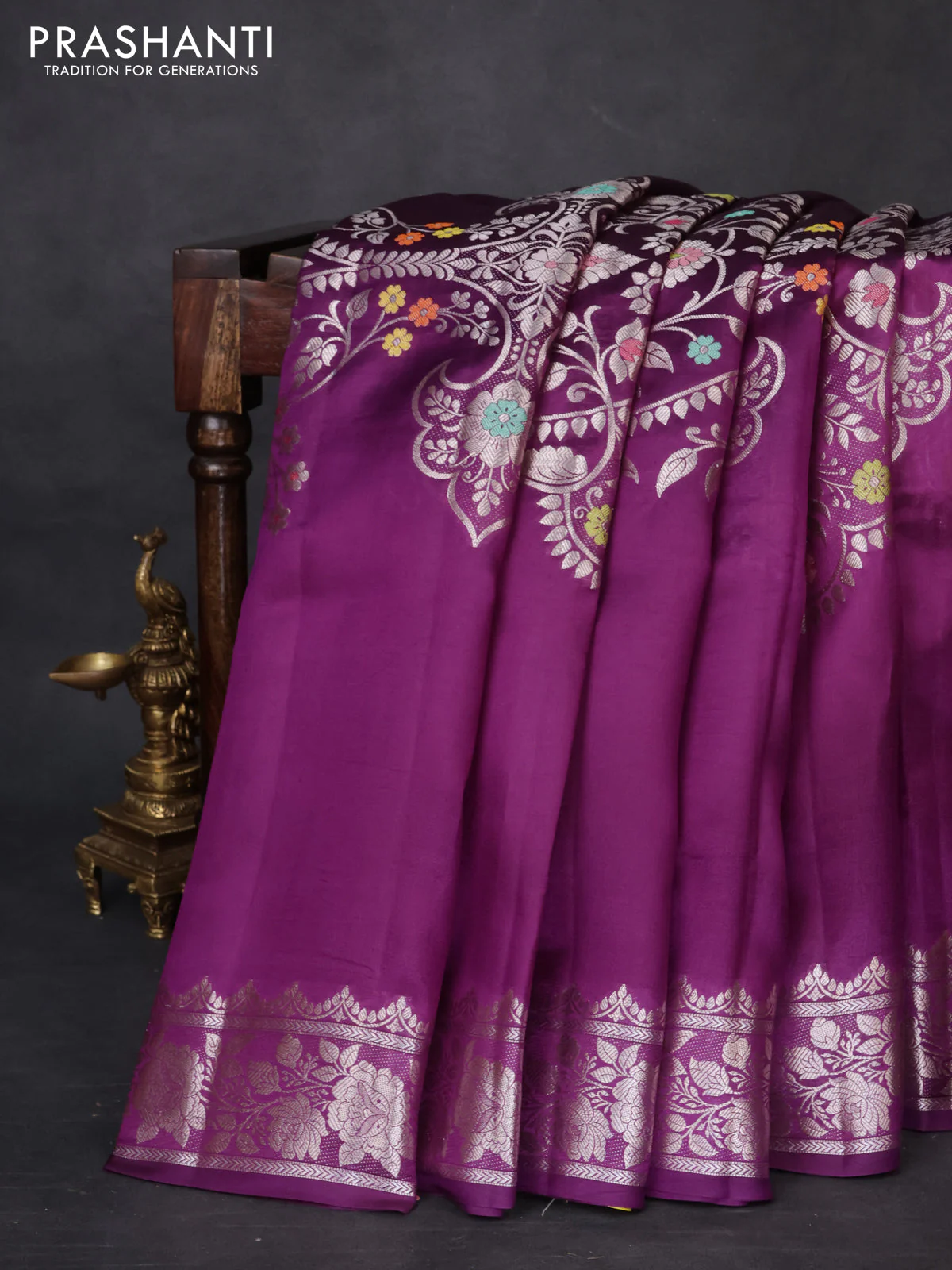 Banarasi poona silk saree purple and lime yellow with thread & zari weaves and floral design zari woven border - Image 5