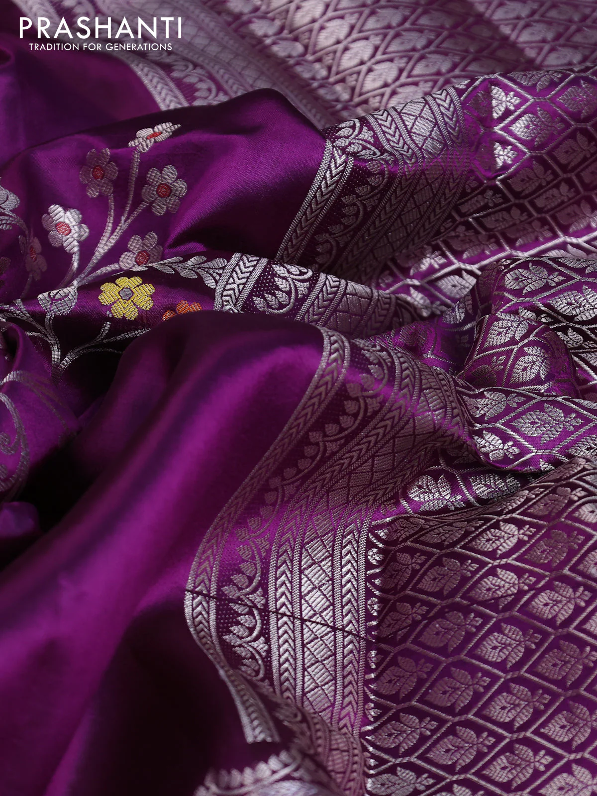 Banarasi poona silk saree purple and lime yellow with thread & zari weaves and floral design zari woven border - Image 7
