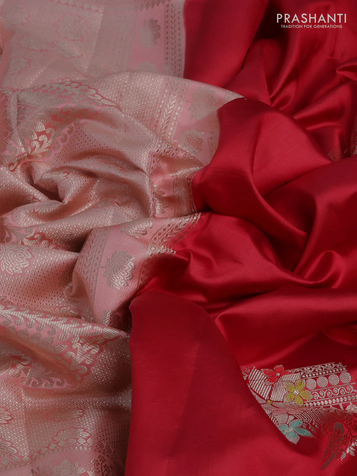 Banarasi poona silk saree red and peach orange with thread & zari woven buttas and zari woven border - Image 3