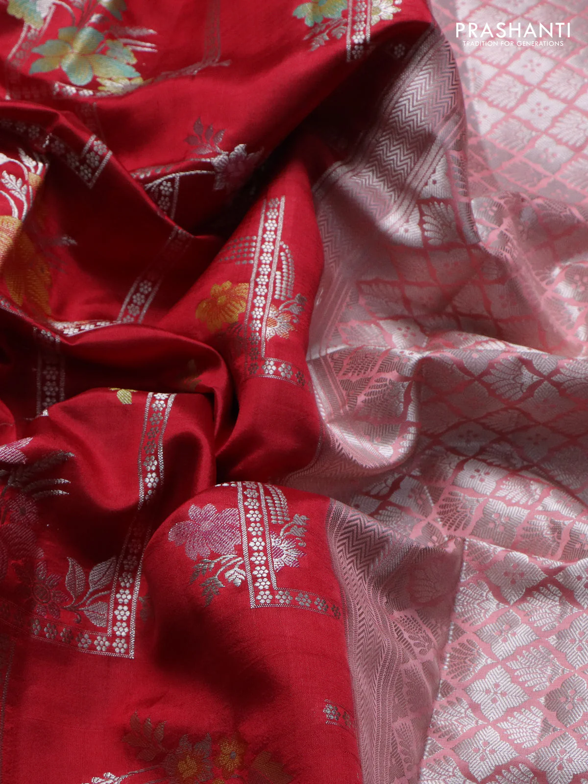 Banarasi poona silk saree red and peach shade with allover thread & silver zari weaves and silver zari woven border - Image 3