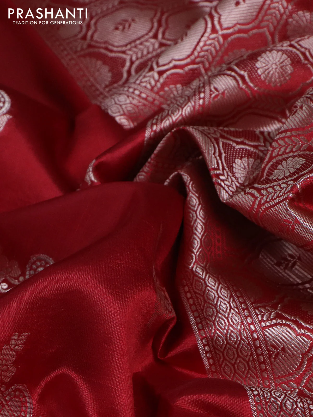 Banarasi poona silk saree red with zari woven buttas and zari woven border - Image 3