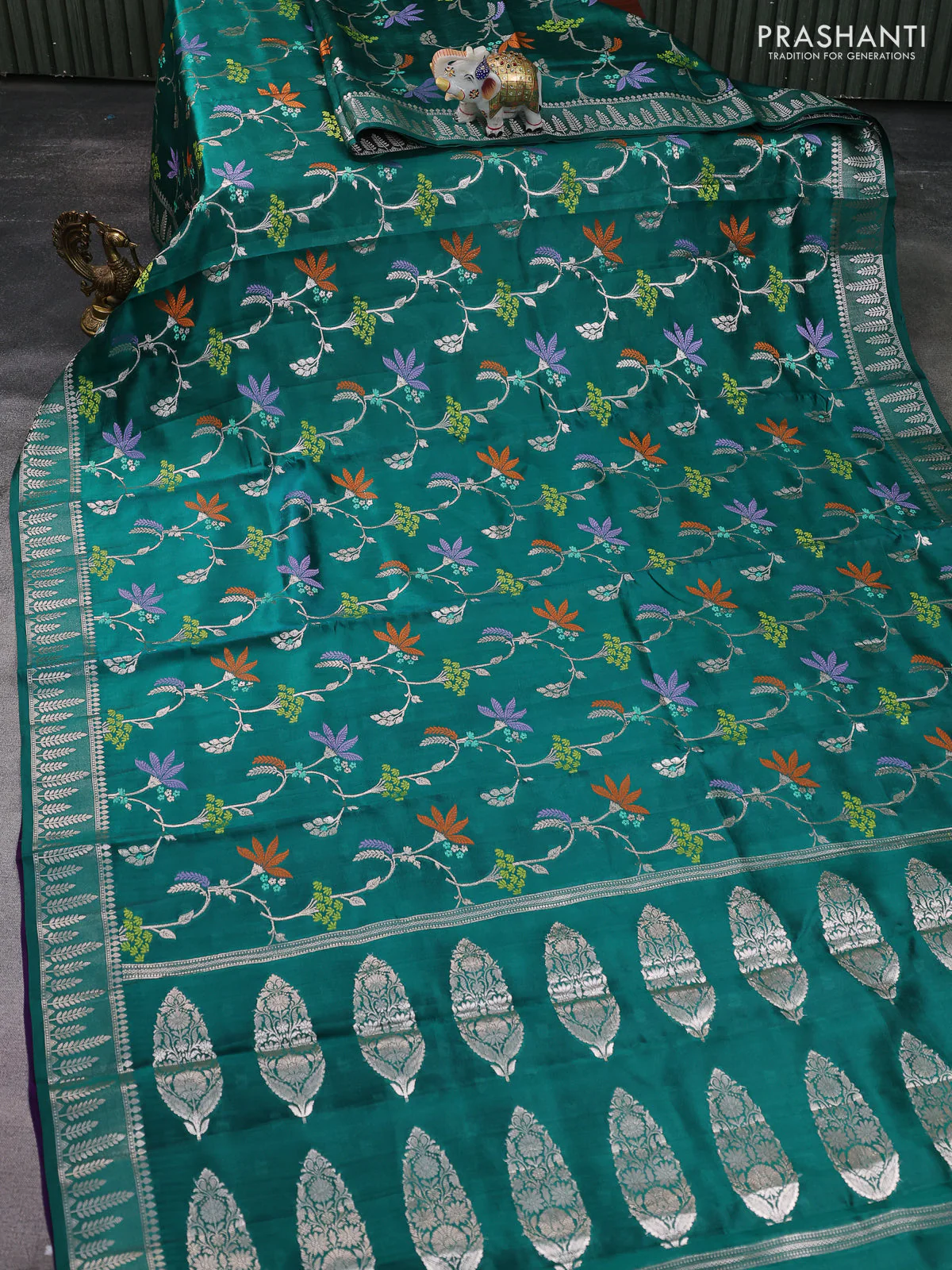 Banarasi poona silk saree teal green and violet with allover thread & silver zari weaves and silver zari woven border - Image 2