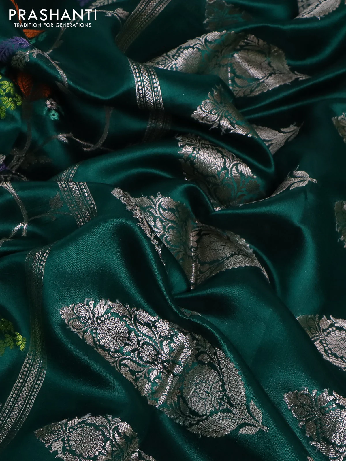 Banarasi poona silk saree teal green and violet with allover thread & silver zari weaves and silver zari woven border - Image 3