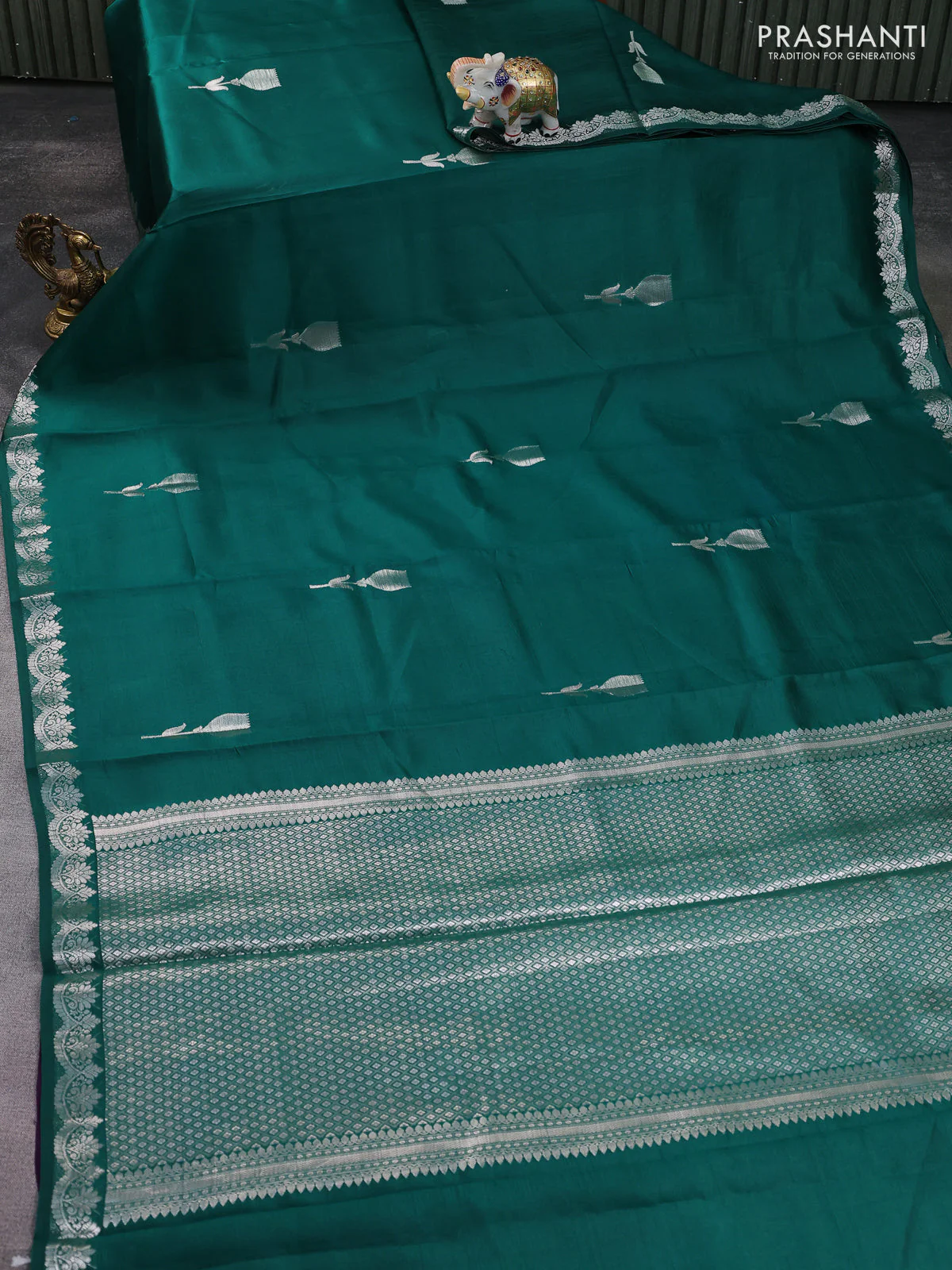 Banarasi poona silk saree teal green with silver zari woven floral buttas and silver zari woven border - Image 2