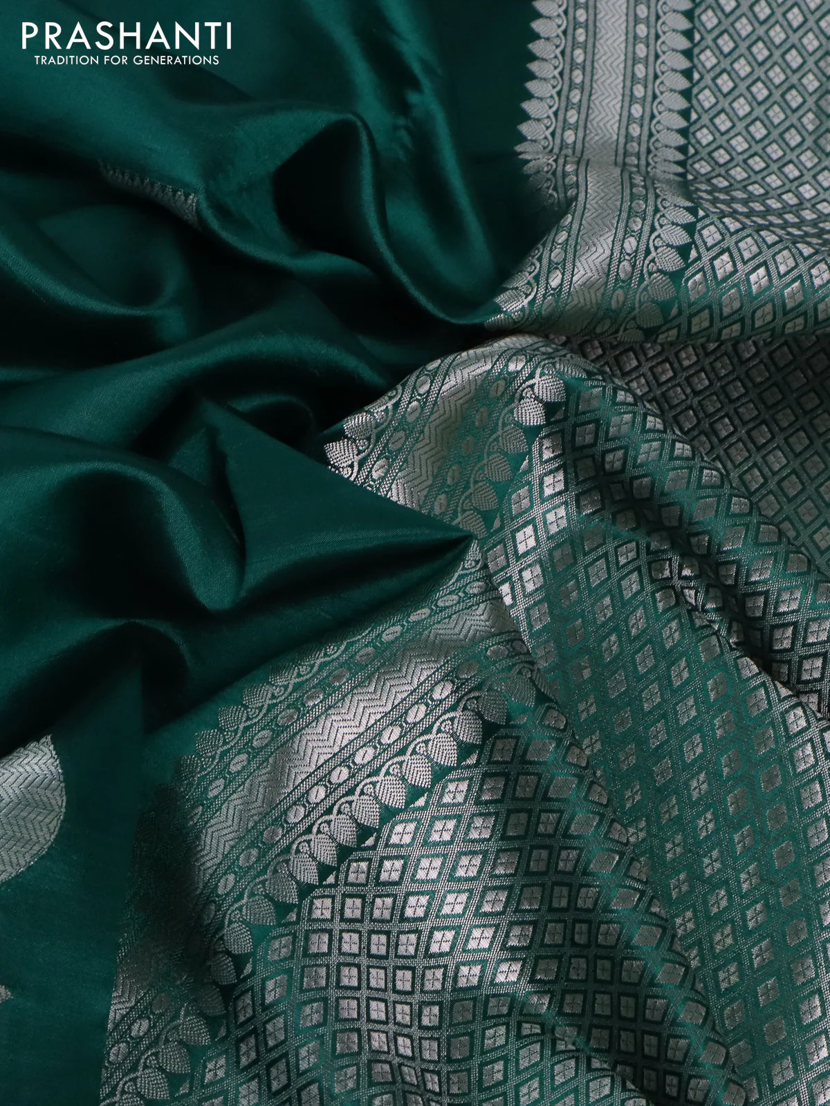 Banarasi poona silk saree teal green with silver zari woven floral buttas and silver zari woven border - Image 3