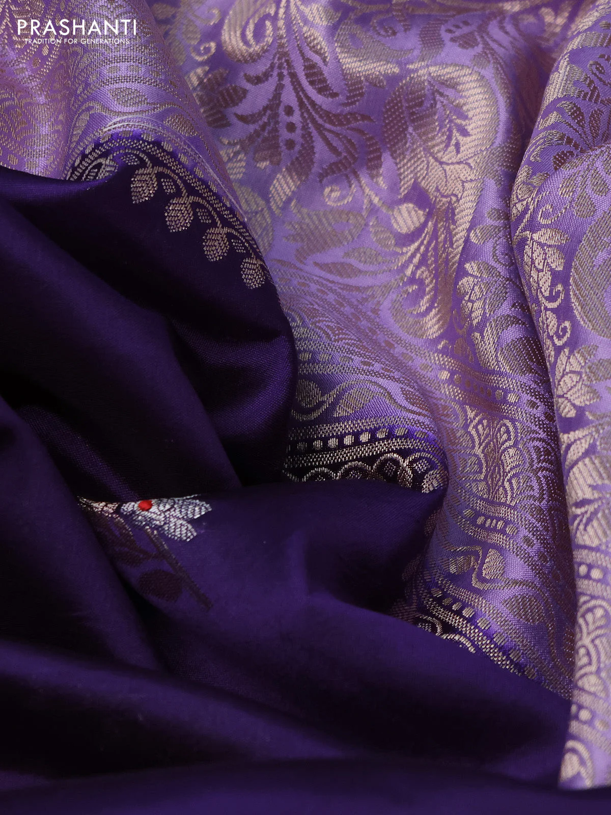 Banarasi poona silk saree violet and lavender with floral zari woven buttas and long floral zari woven border - Image 3