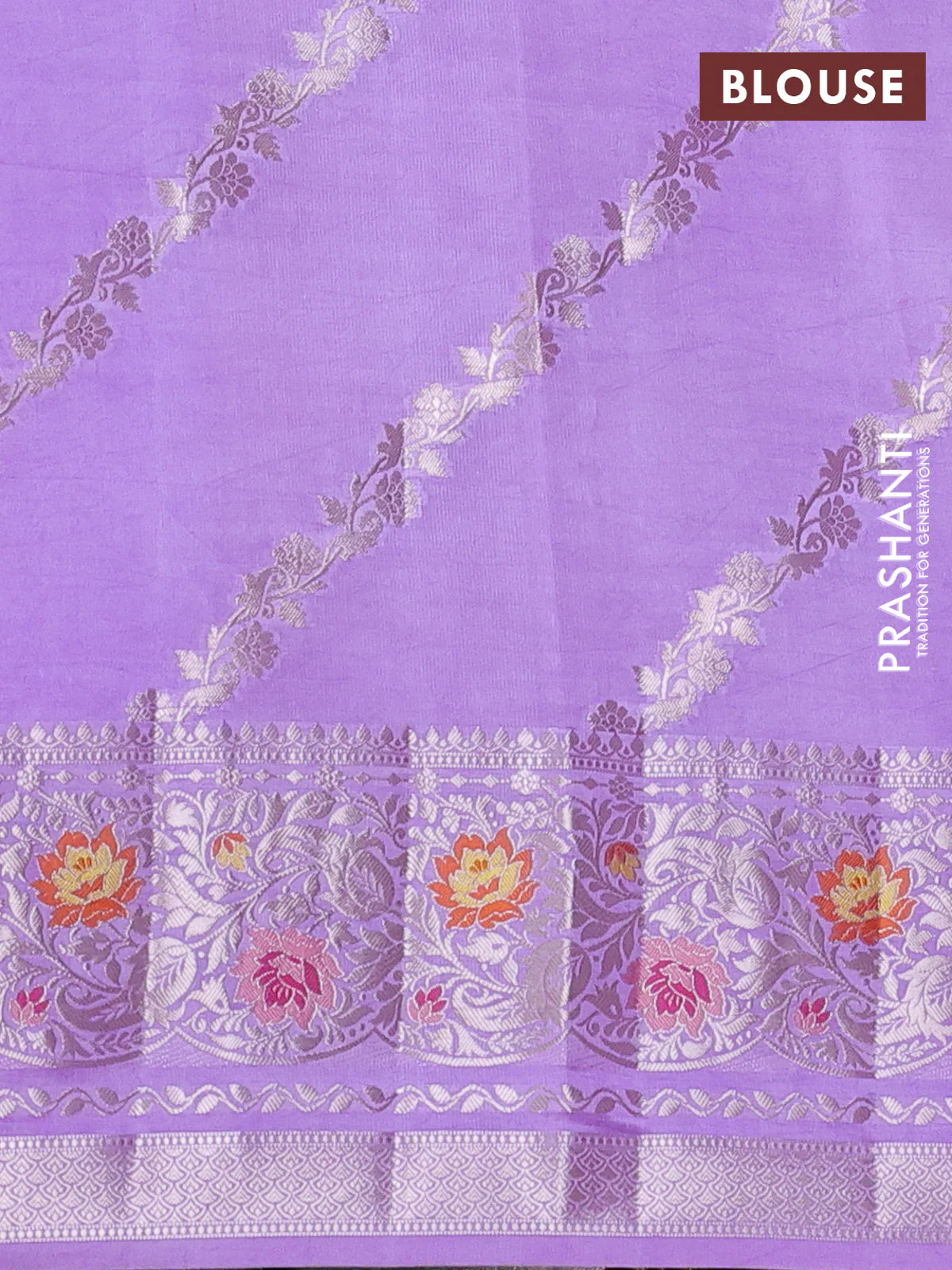 Banarasi poona silk saree violet and lavender with floral zari woven buttas and long floral zari woven border - Image 4