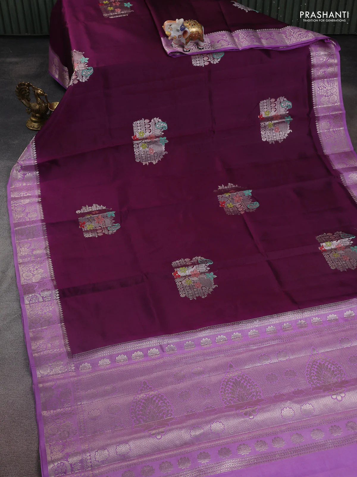 Banarasi poona silk saree wine shade and lavender with thread & zari woven buttas and zari woven border - Image 2