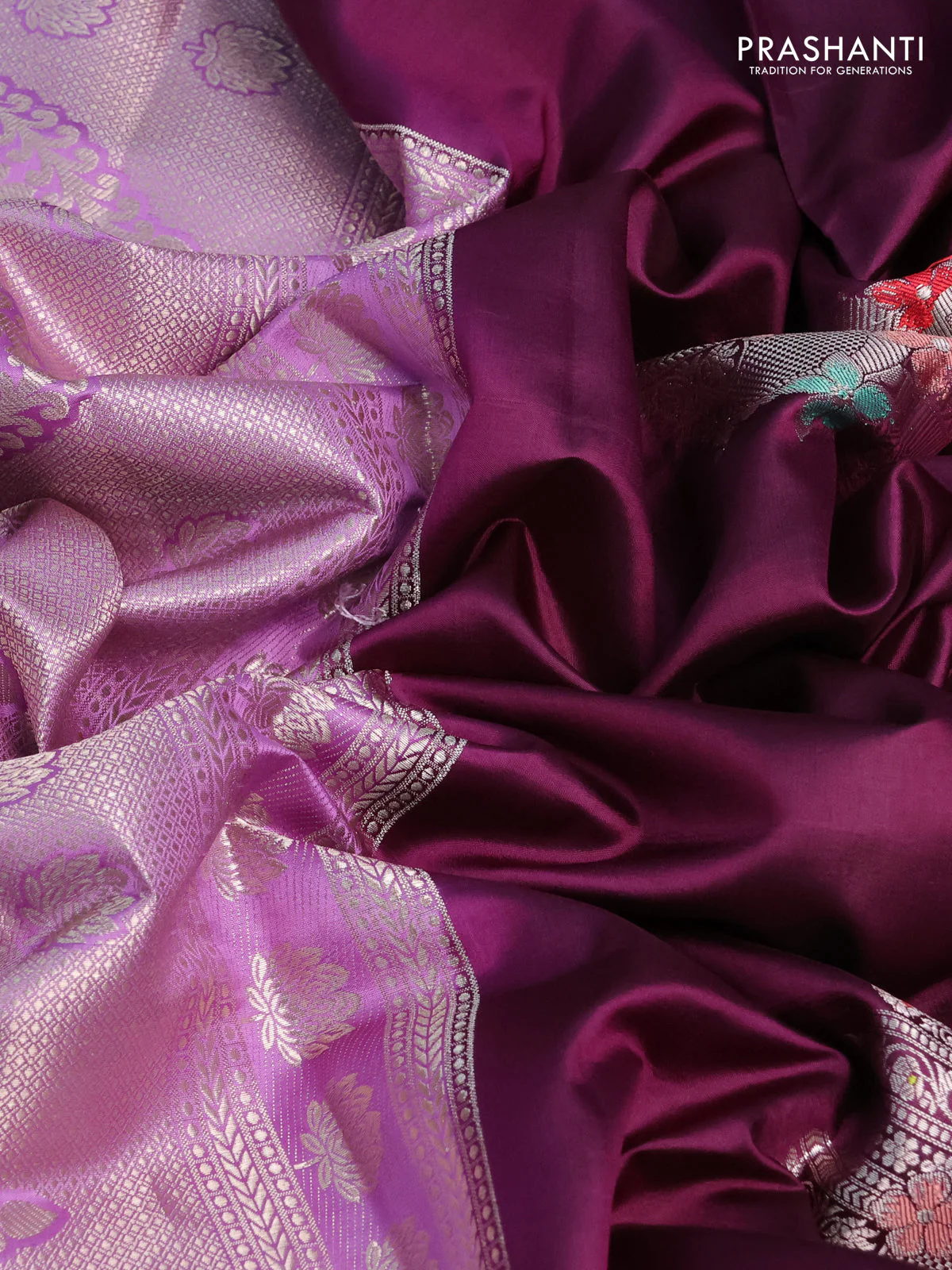 Banarasi poona silk saree wine shade and lavender with thread & zari woven buttas and zari woven border - Image 3
