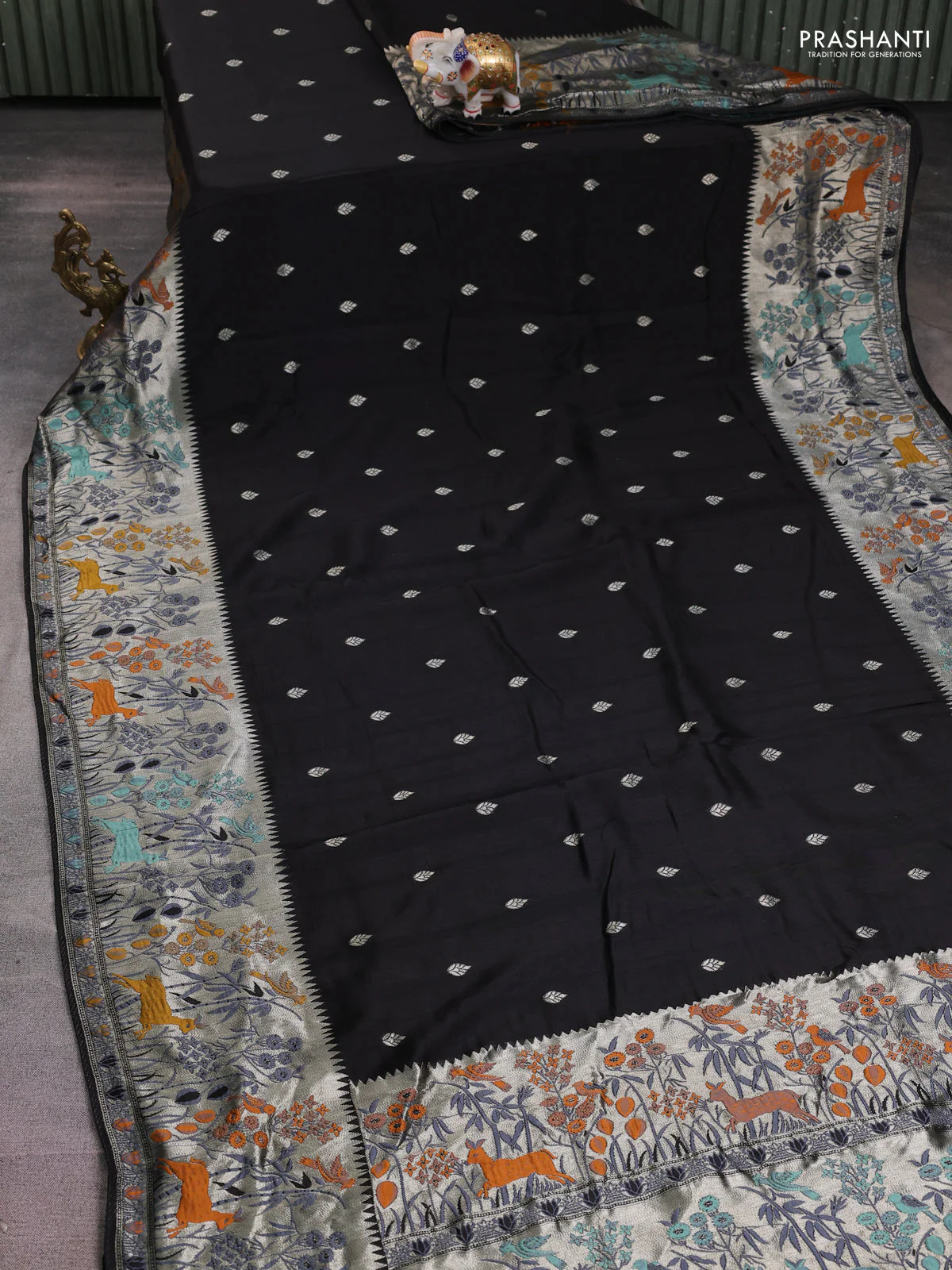 Banarasi raw silk saree black with silver zari woven buttas and zari woven paithani style border - Image 2