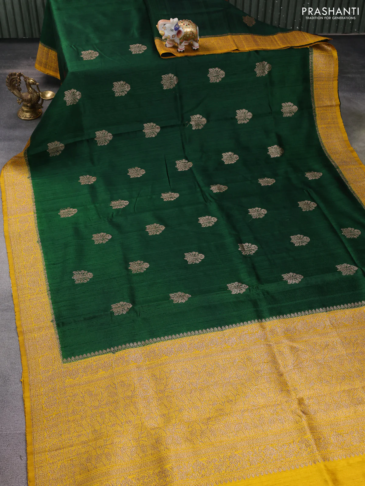 Banarasi raw silk saree bottle green and yellow with thread & zari woven buttas and woven border - Image 2