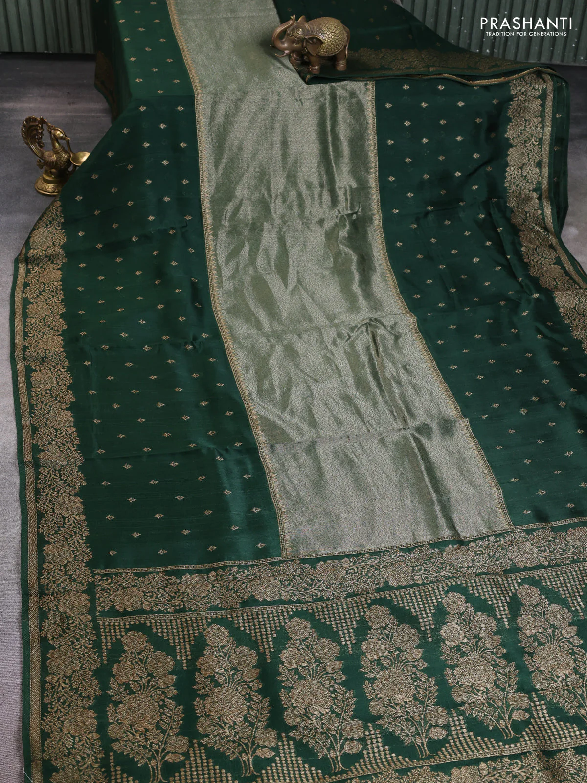 Banarasi raw silk saree bottle green with zari weaves & buttas and floral design woven border - Image 2