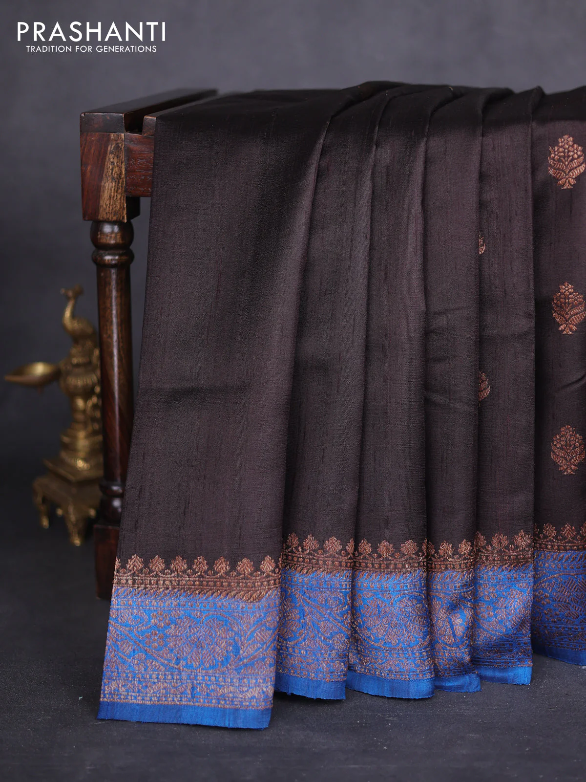 Banarasi raw silk saree coffee brown and blue with thread & zari woven buttas and woven border