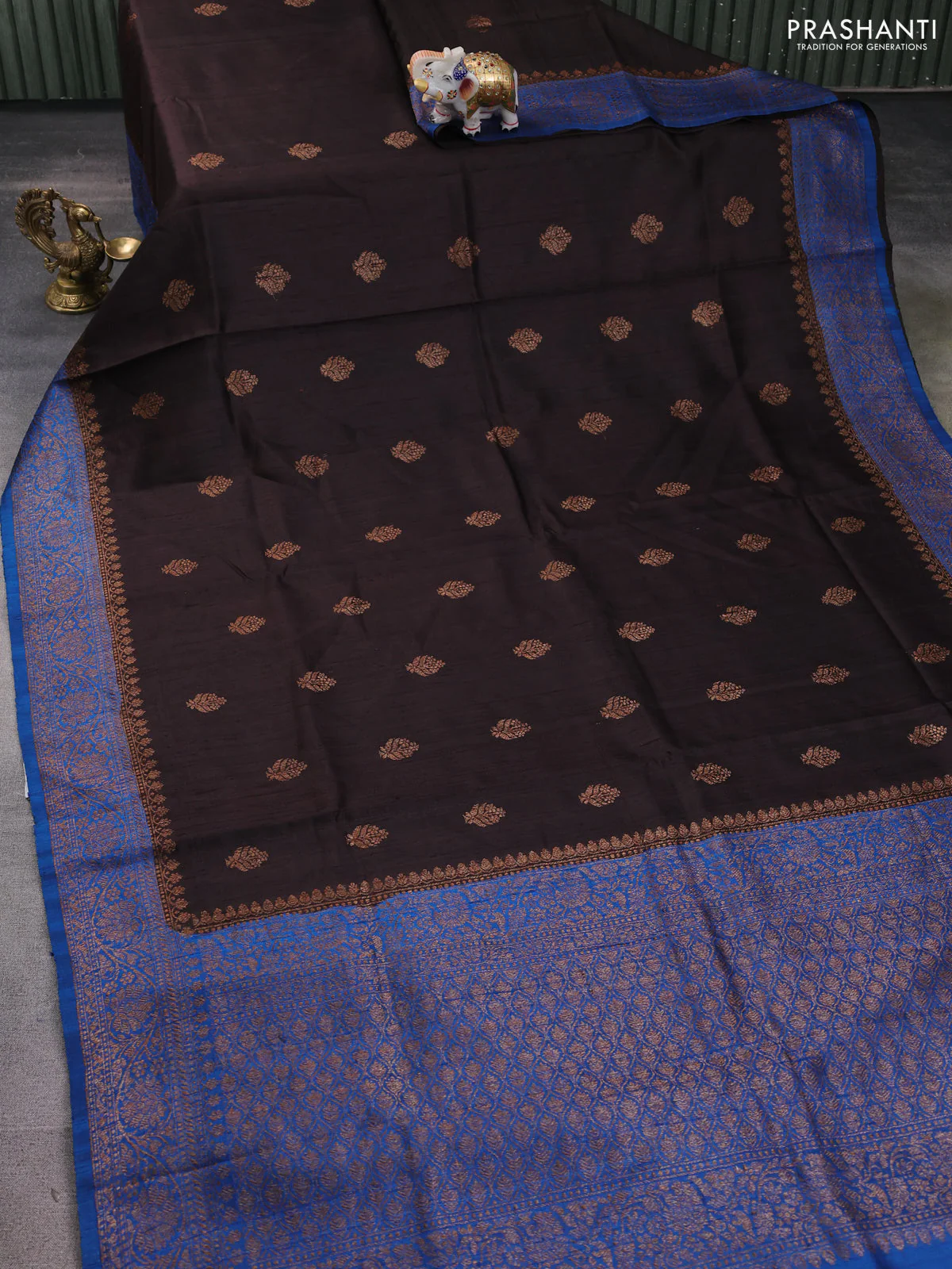 Banarasi raw silk saree coffee brown and blue with thread & zari woven buttas and woven border - Image 2