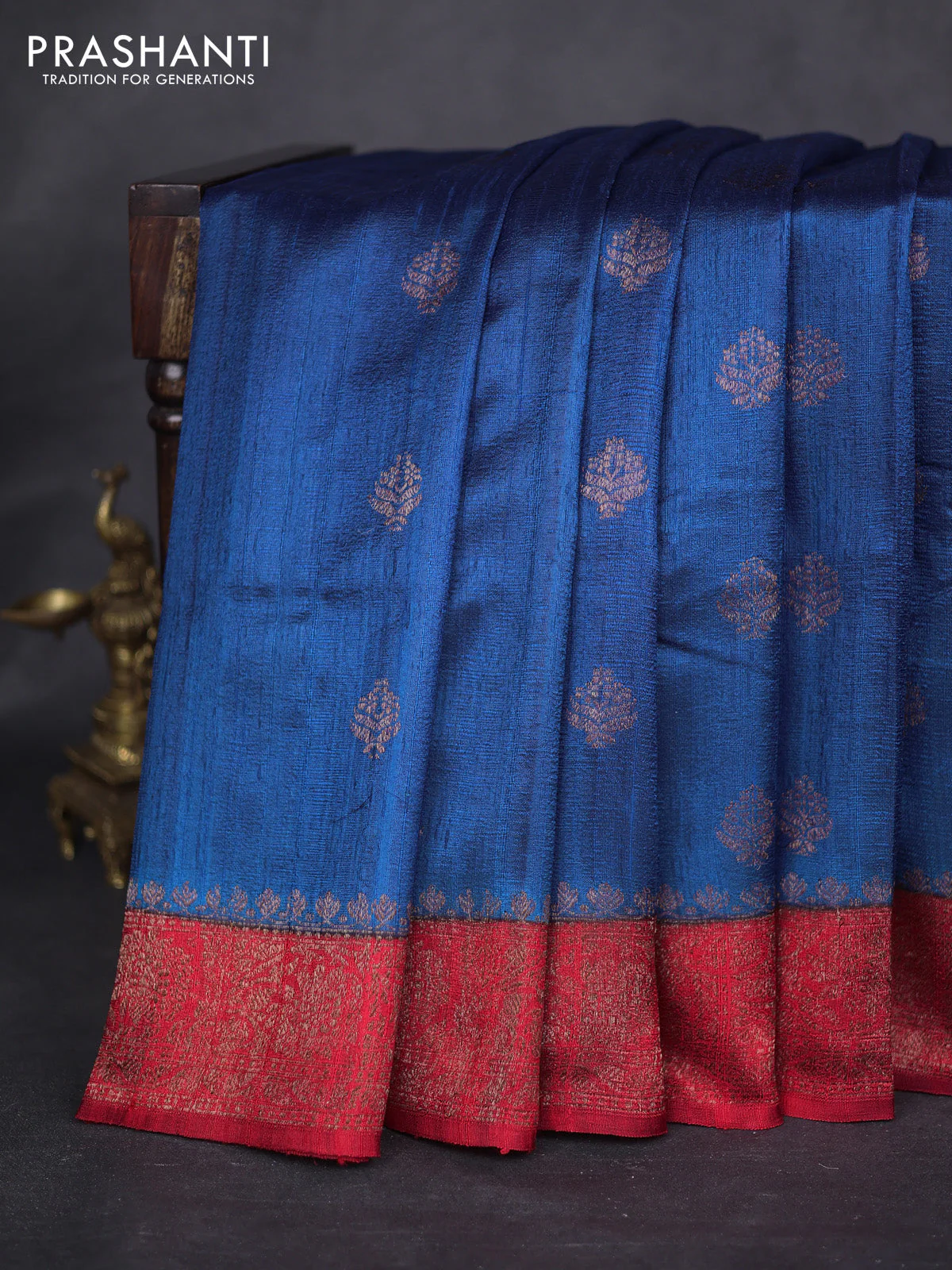 Banarasi raw silk saree cs blue and red with thread & zari woven buttas and woven border