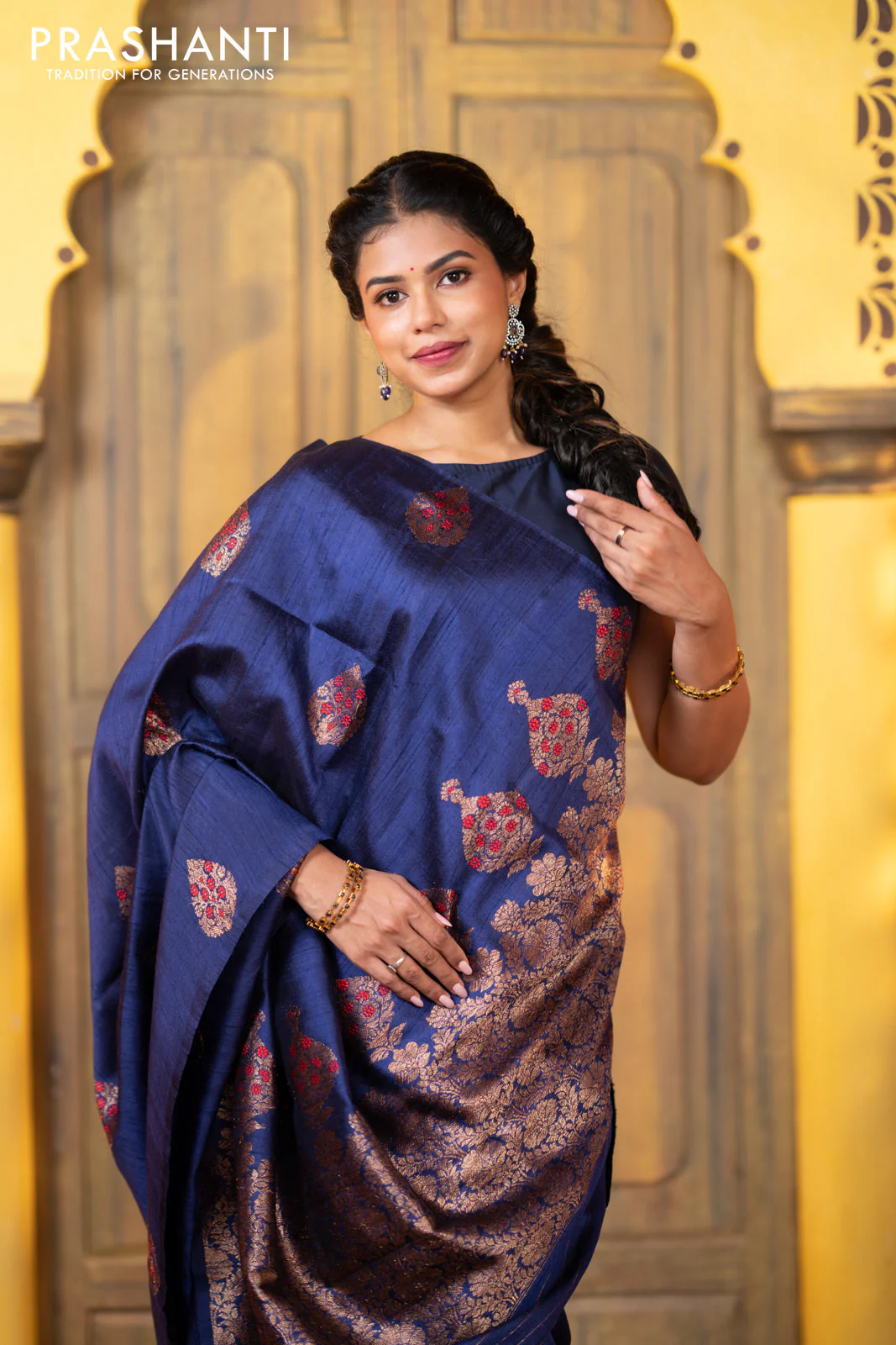 Banarasi raw silk saree dark blue with woven buttas in borderless style - Image 3