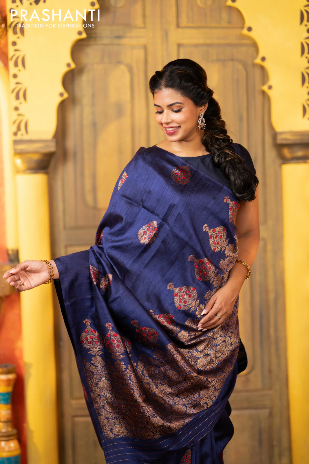 Banarasi raw silk saree dark blue with woven buttas in borderless style - Image 4