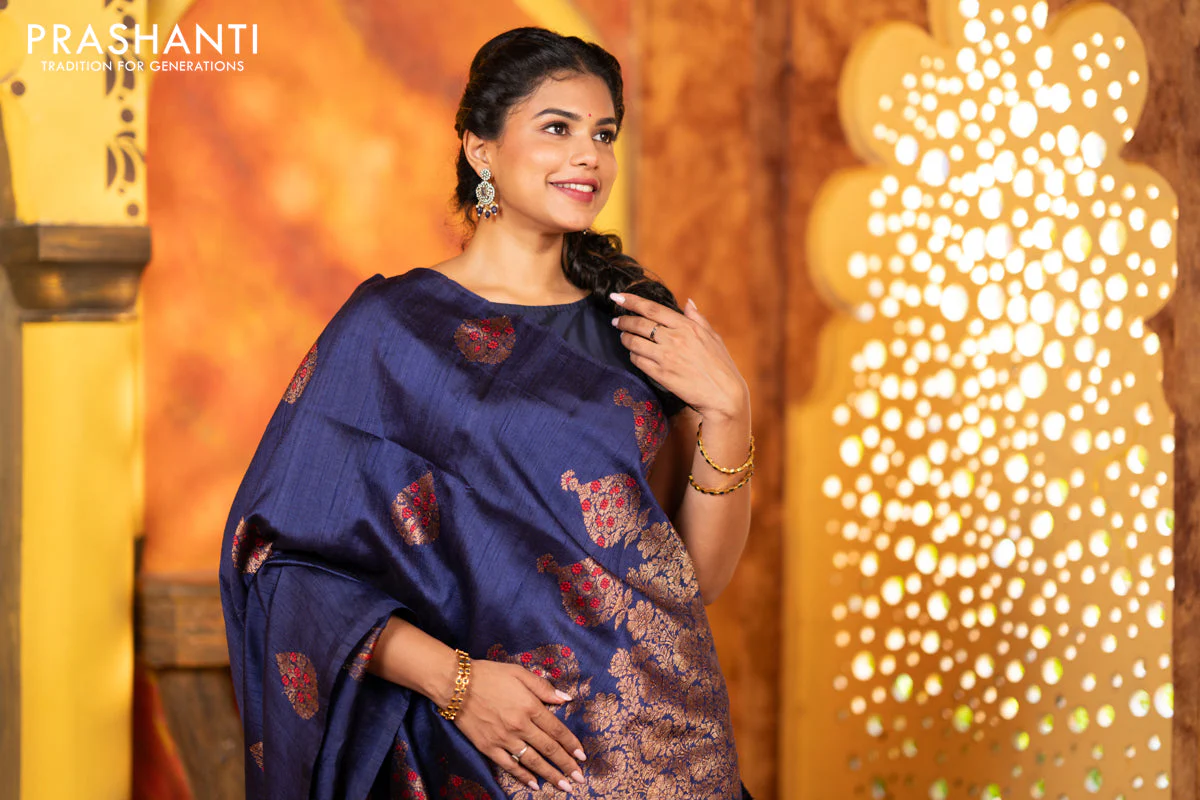 Banarasi raw silk saree dark blue with woven buttas in borderless style - Image 5