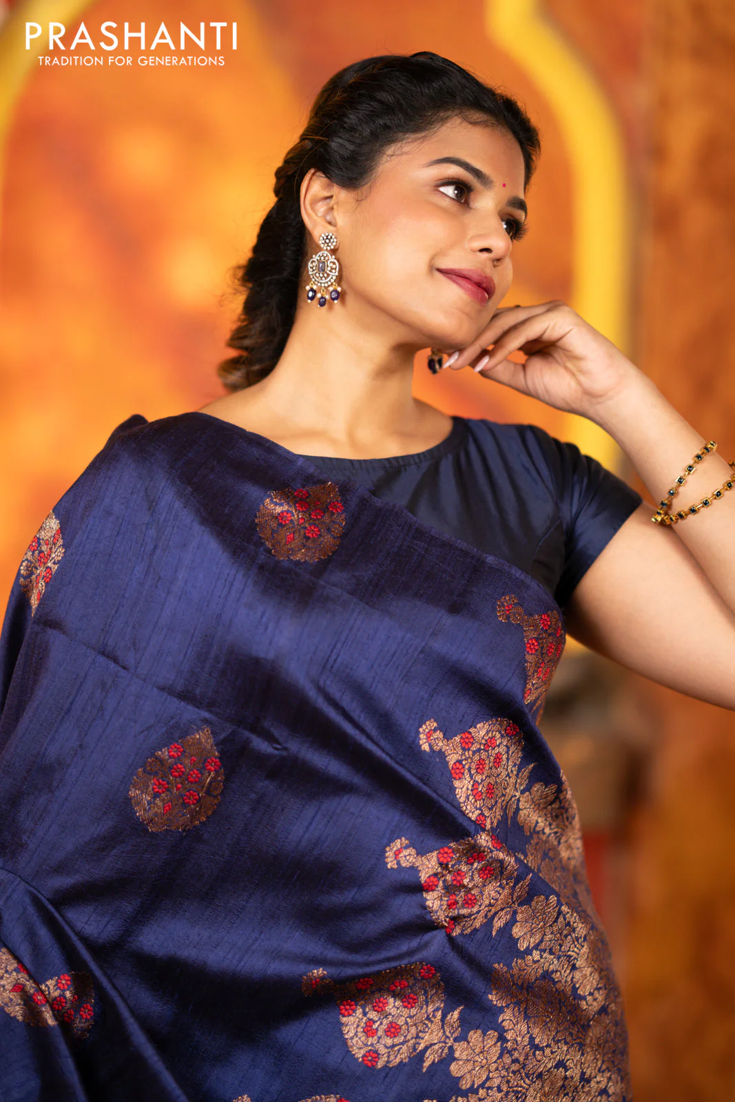 Banarasi raw silk saree dark blue with woven buttas in borderless style - Image 6