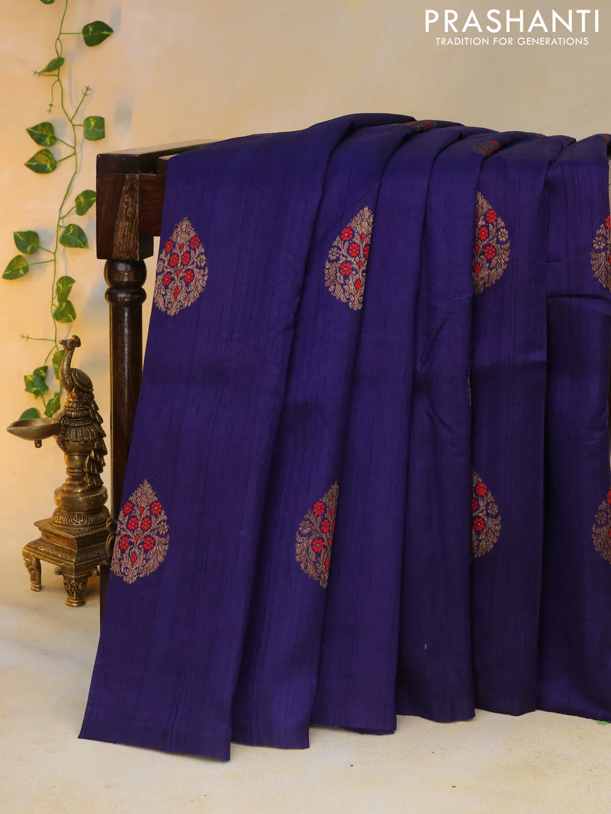 Banarasi raw silk saree dark blue with woven buttas in borderless style - Image 7