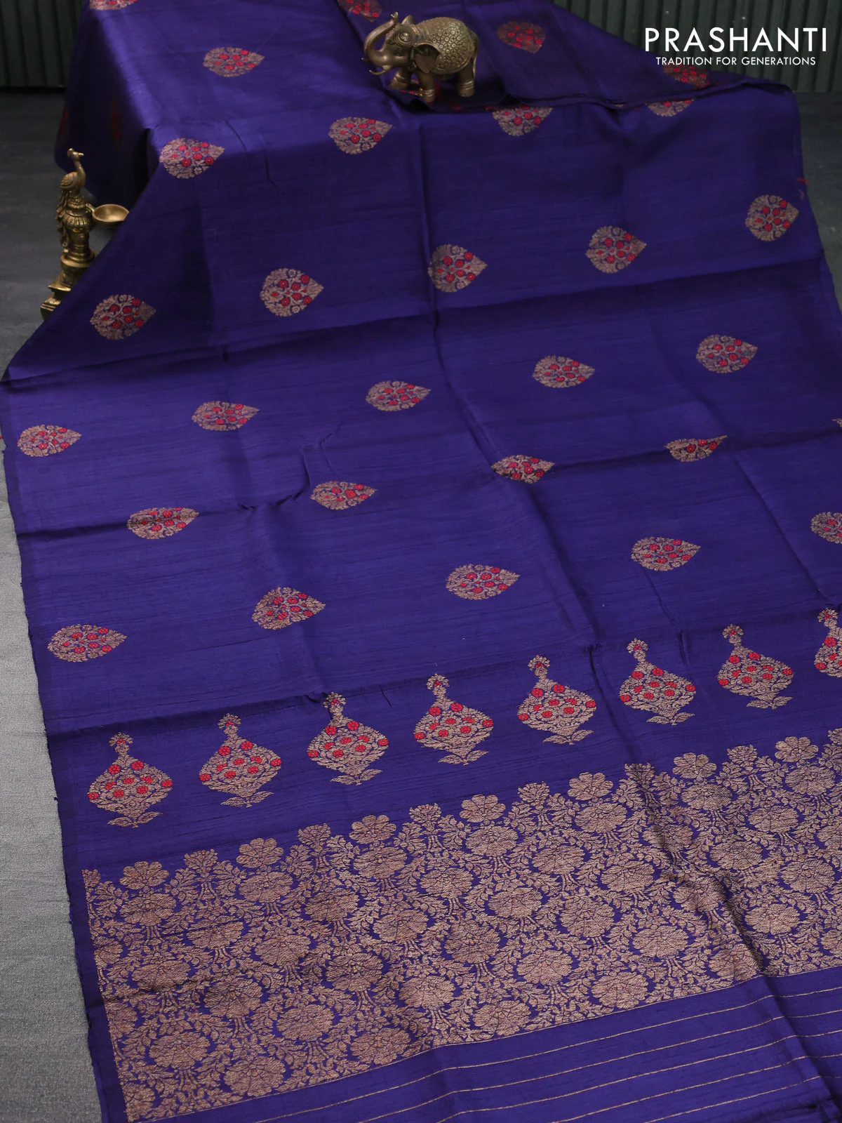 Banarasi raw silk saree dark blue with woven buttas in borderless style - Image 8