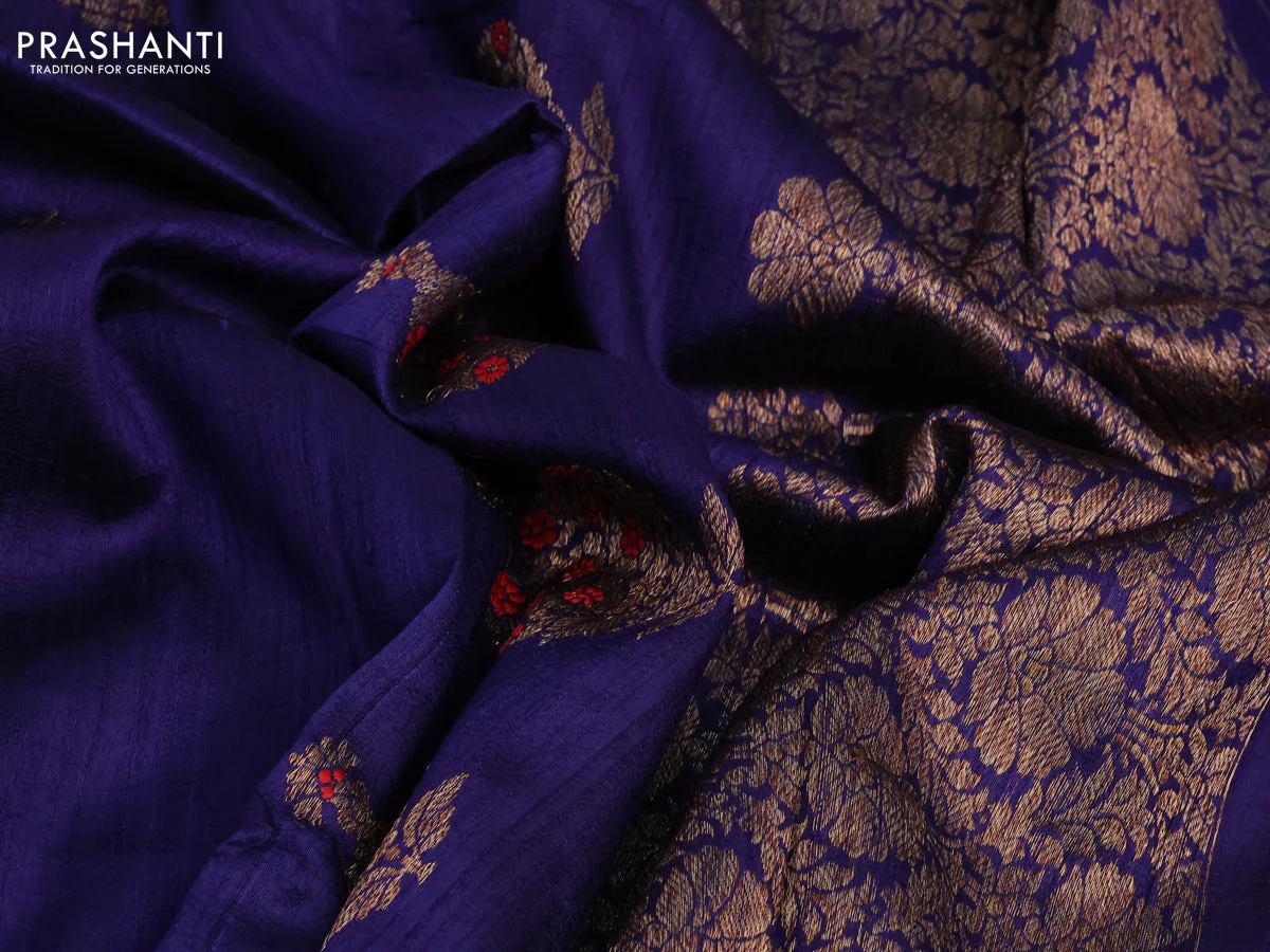 Banarasi raw silk saree dark blue with woven buttas in borderless style - Image 9
