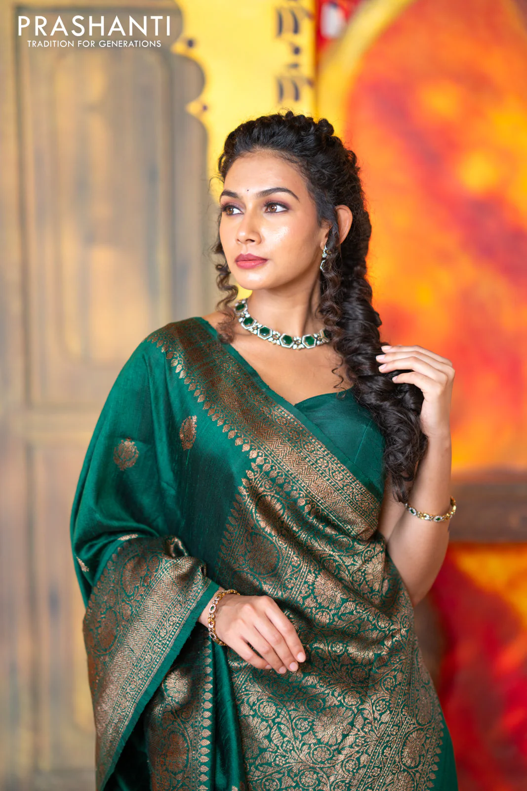 Banarasi raw silk saree dark green with thread & zari woven buttas and woven border - Image 10