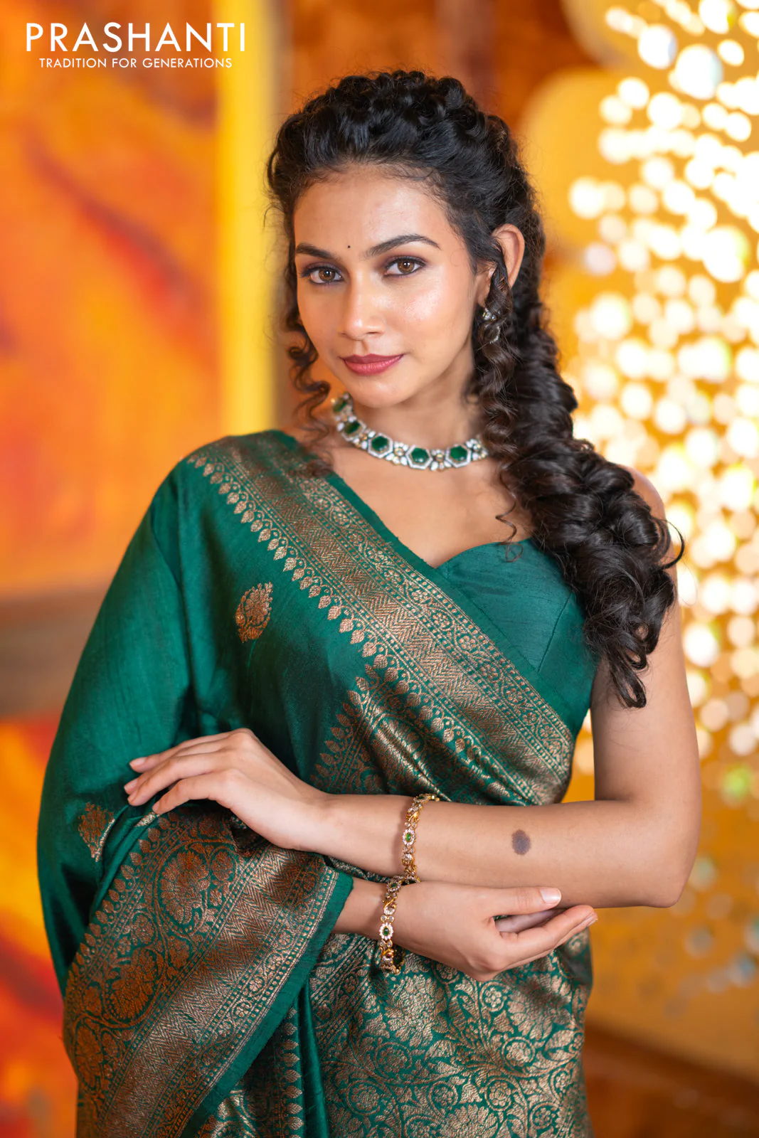 Banarasi raw silk saree dark green with thread & zari woven buttas and woven border - Image 11