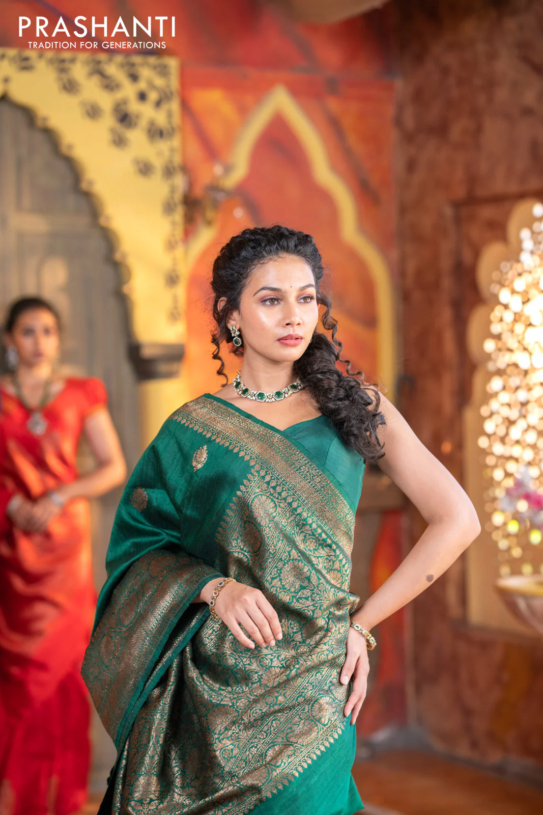 Banarasi raw silk saree dark green with thread & zari woven buttas and woven border - Image 12