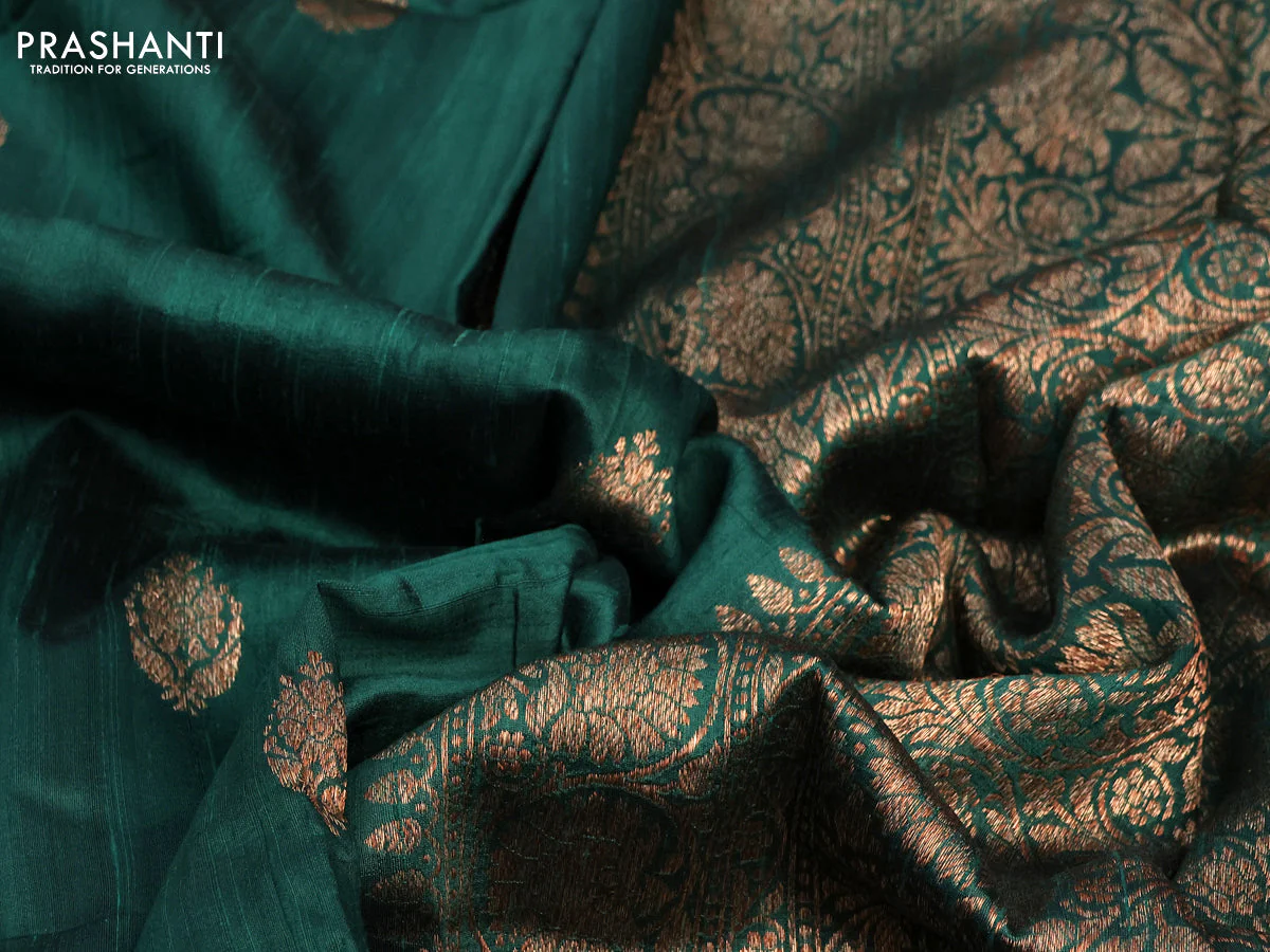 Banarasi raw silk saree dark green with thread & zari woven buttas and woven border - Image 15
