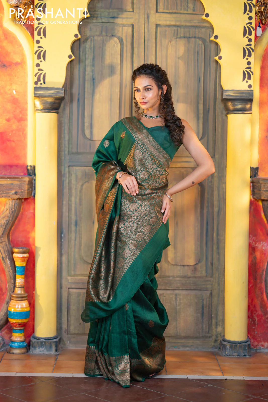 Banarasi raw silk saree dark green with thread & zari woven buttas and woven border - Image 3