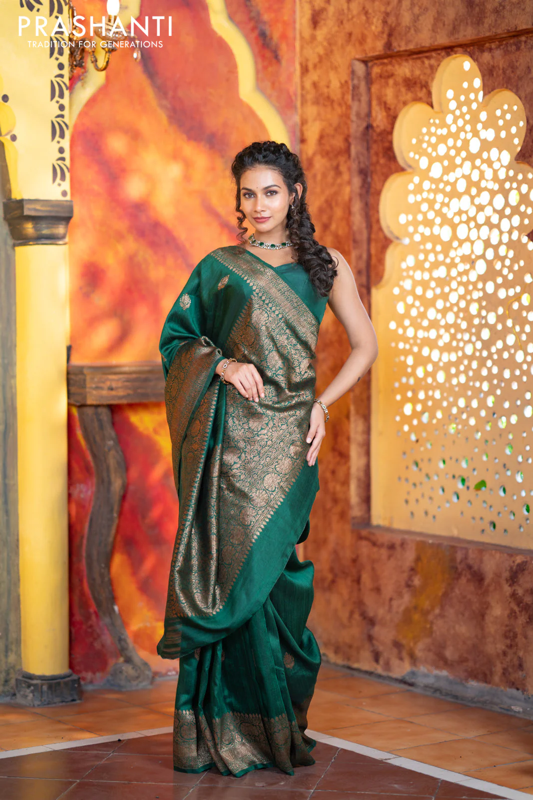 Banarasi raw silk saree dark green with thread & zari woven buttas and woven border - Image 4