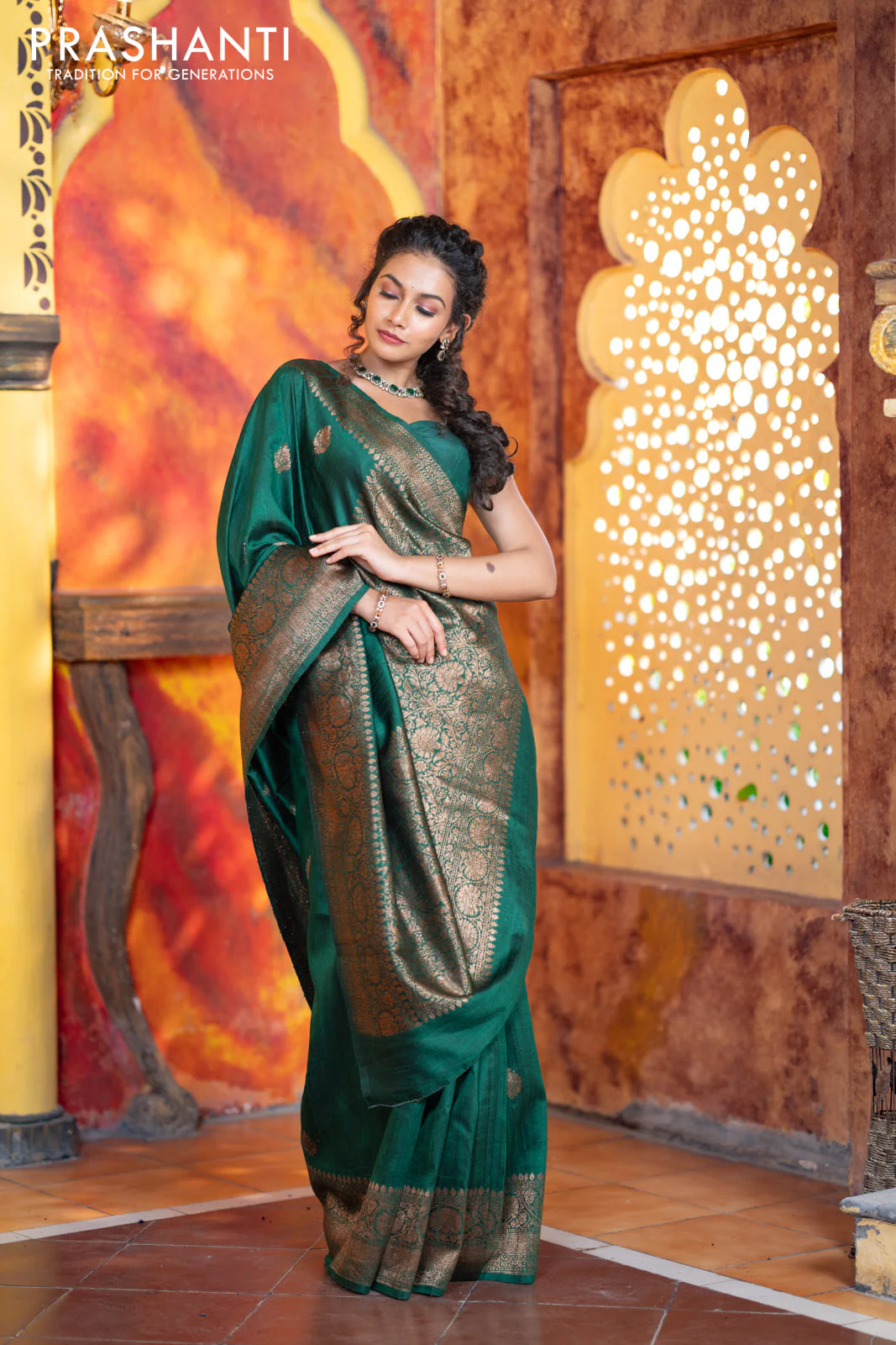 Banarasi raw silk saree dark green with thread & zari woven buttas and woven border - Image 5