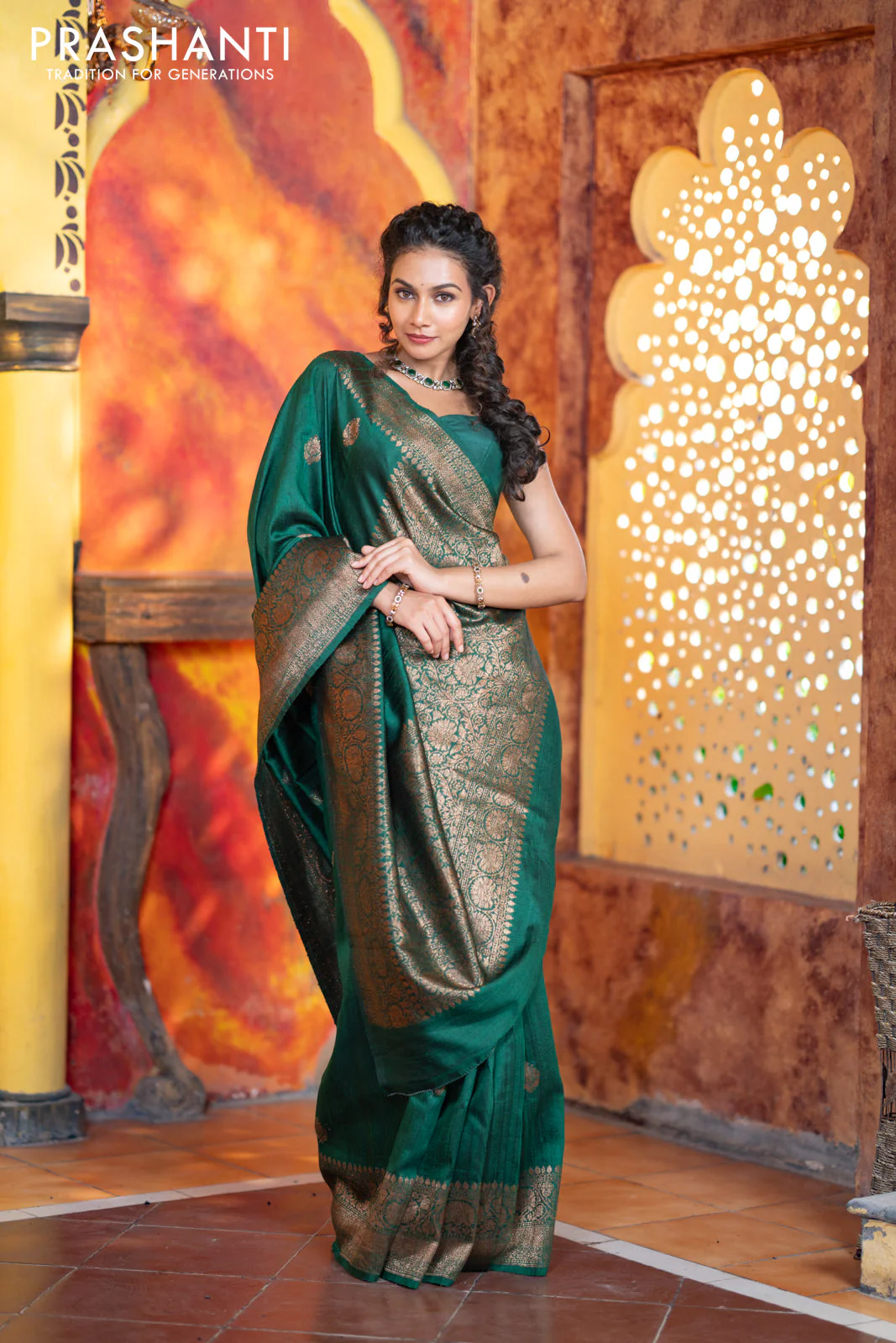Banarasi raw silk saree dark green with thread & zari woven buttas and woven border - Image 6