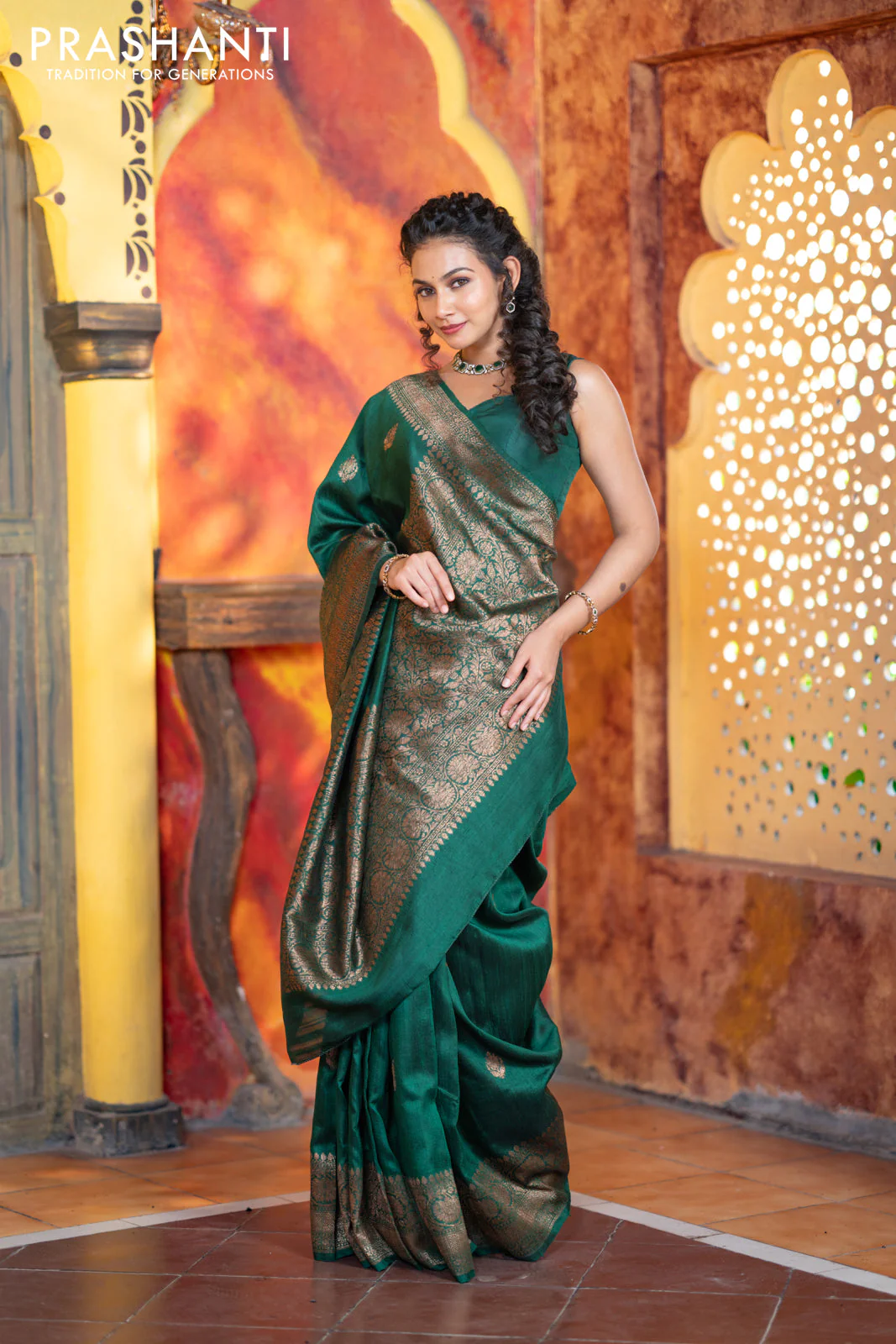 Banarasi raw silk saree dark green with thread & zari woven buttas and woven border - Image 7