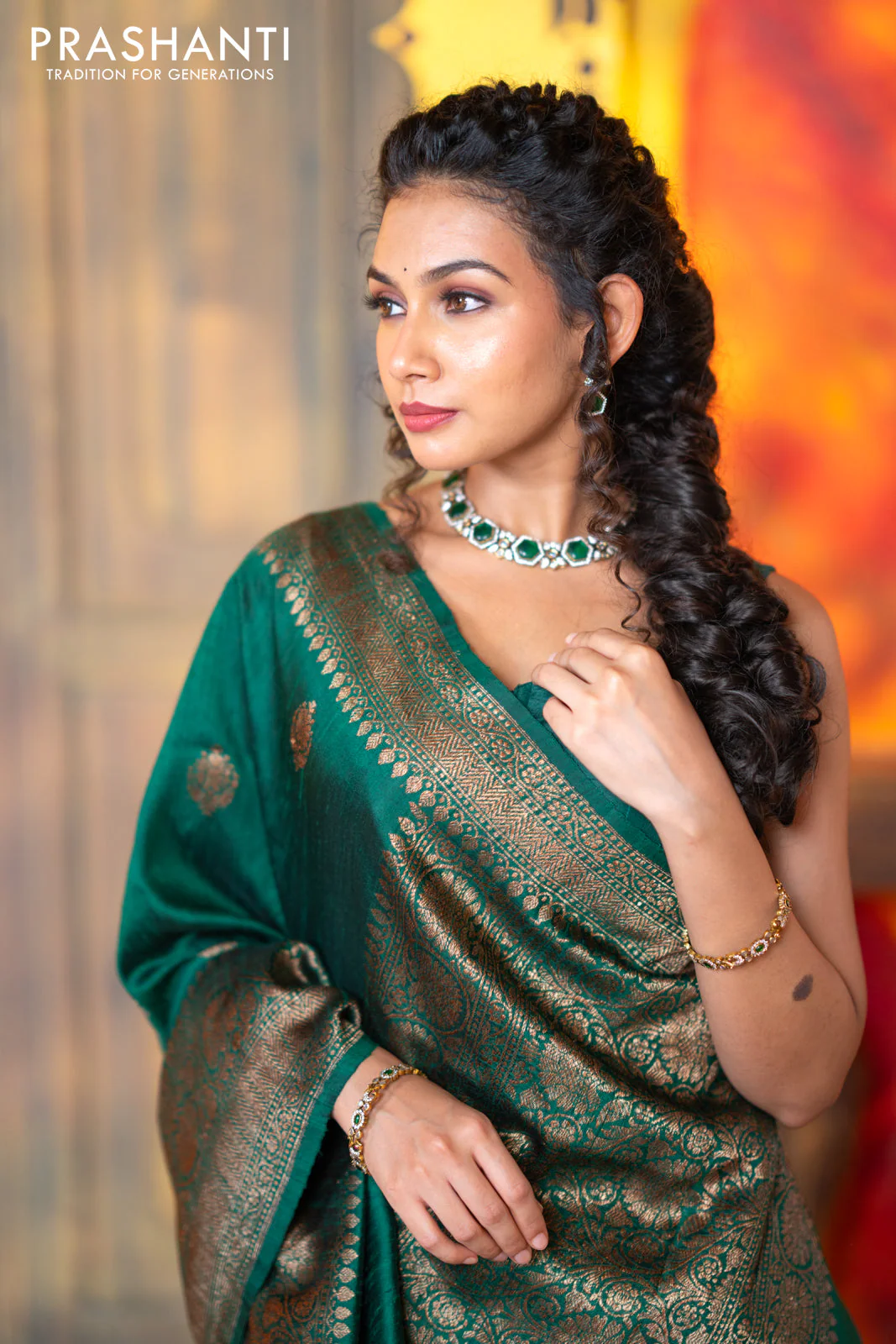 Banarasi raw silk saree dark green with thread & zari woven buttas and woven border - Image 8
