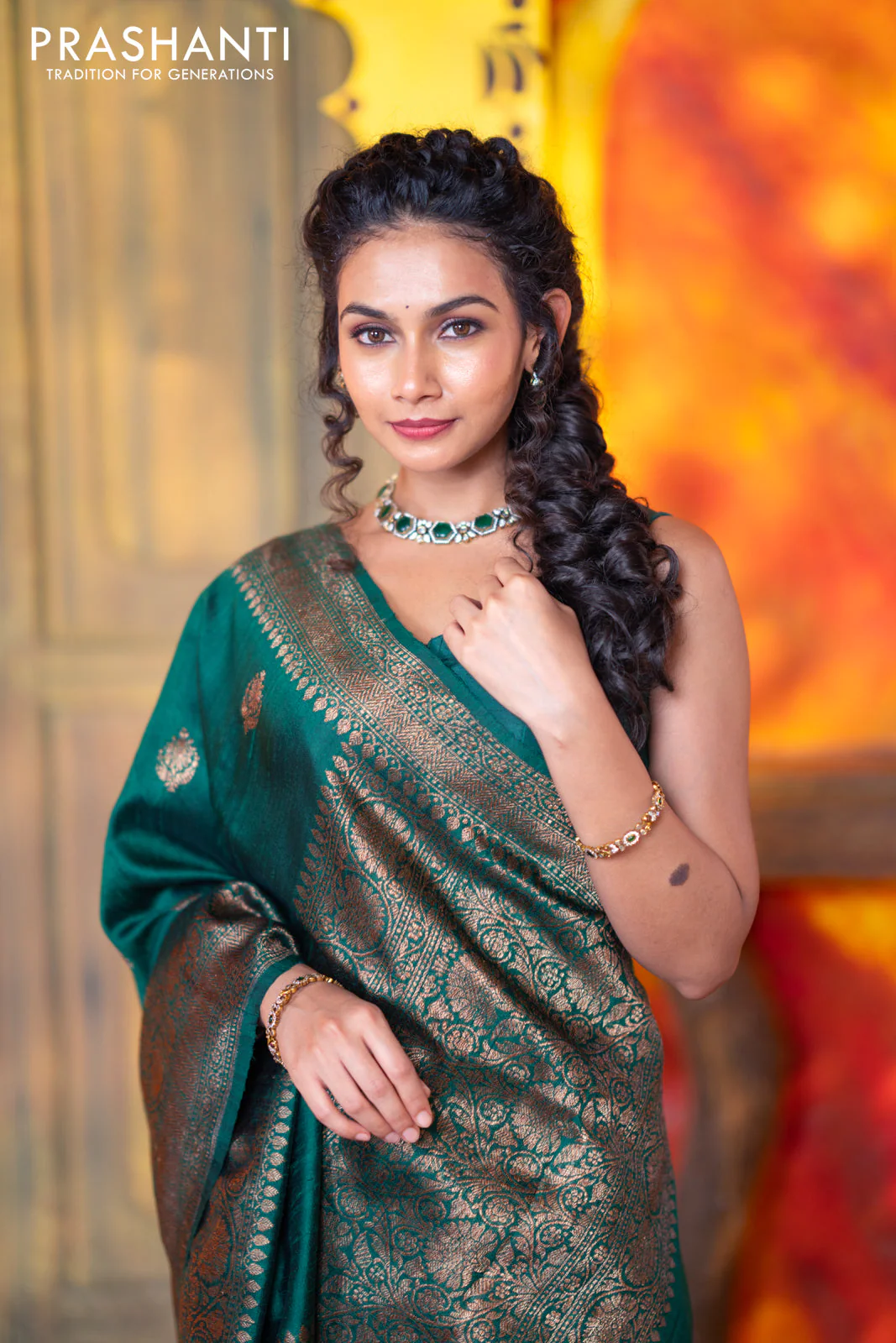 Banarasi raw silk saree dark green with thread & zari woven buttas and woven border - Image 9