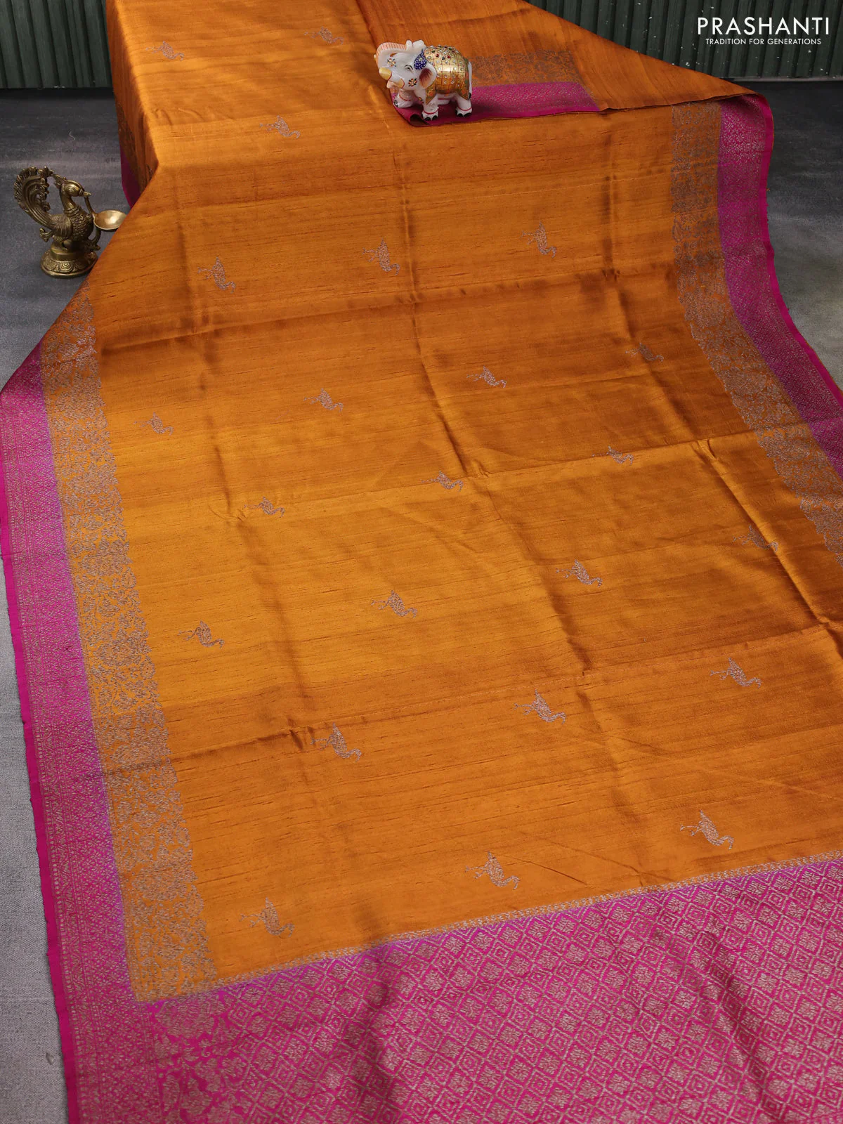 Banarasi raw silk saree dark mustard and pink with thread & zari woven buttas and woven border - Image 2