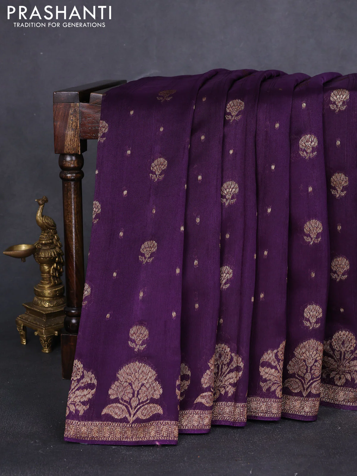 Banarasi raw silk saree deep violet with thread & zari woven buttas and floral design woven border