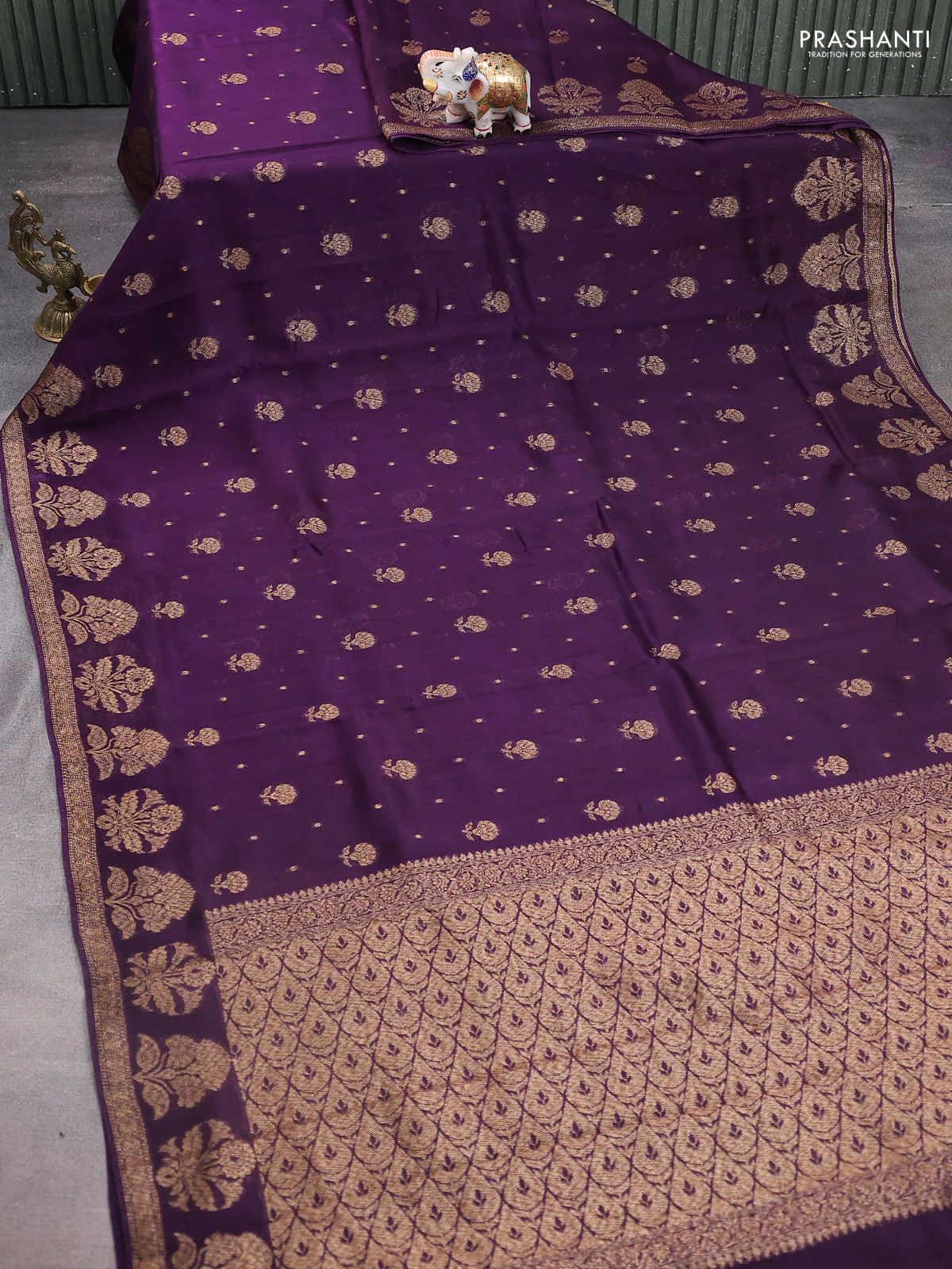 Banarasi raw silk saree deep violet with thread & zari woven buttas and floral design woven border - Image 2