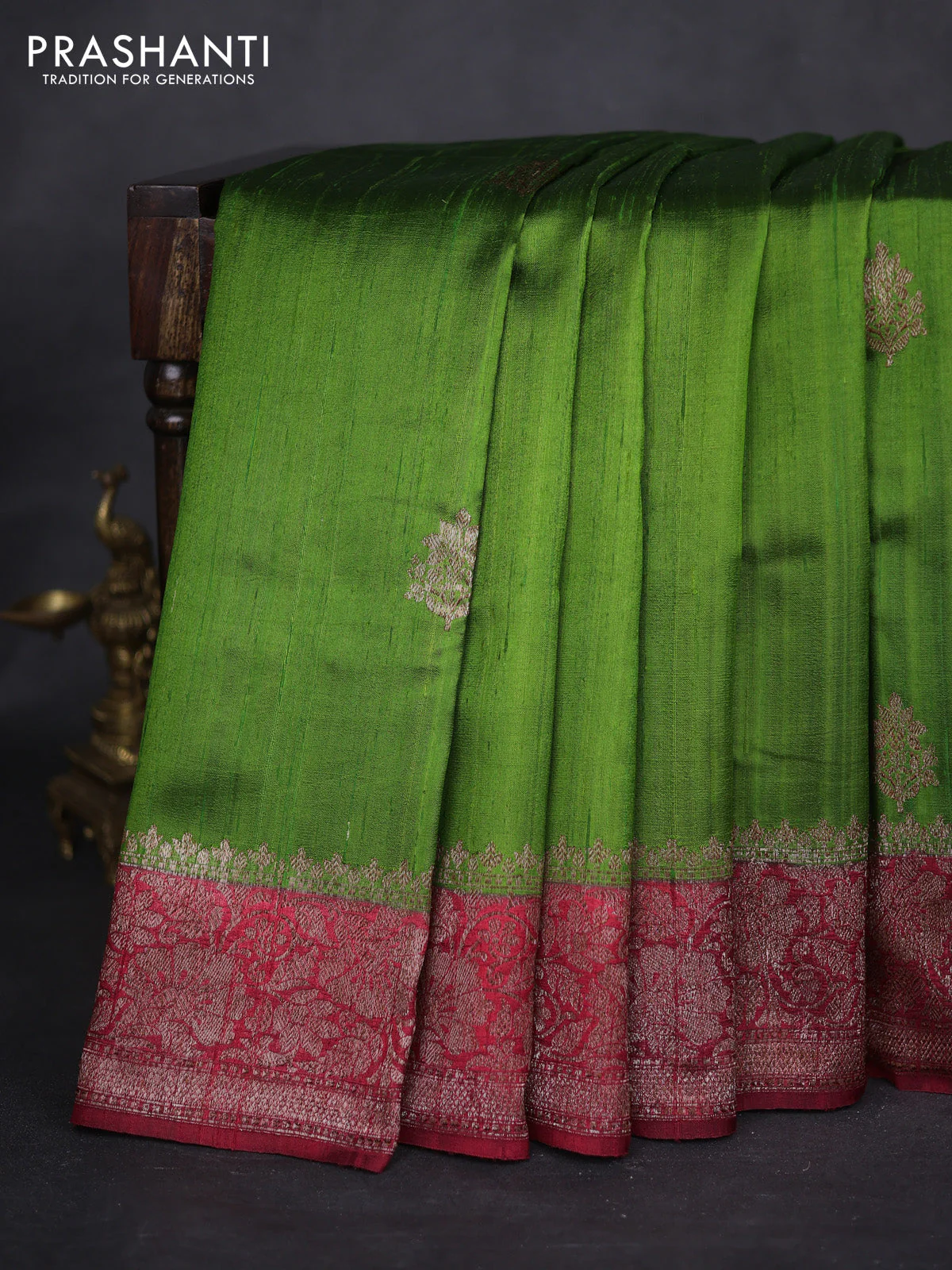 Banarasi raw silk saree green and maroon with thread & zari woven buttas and woven border